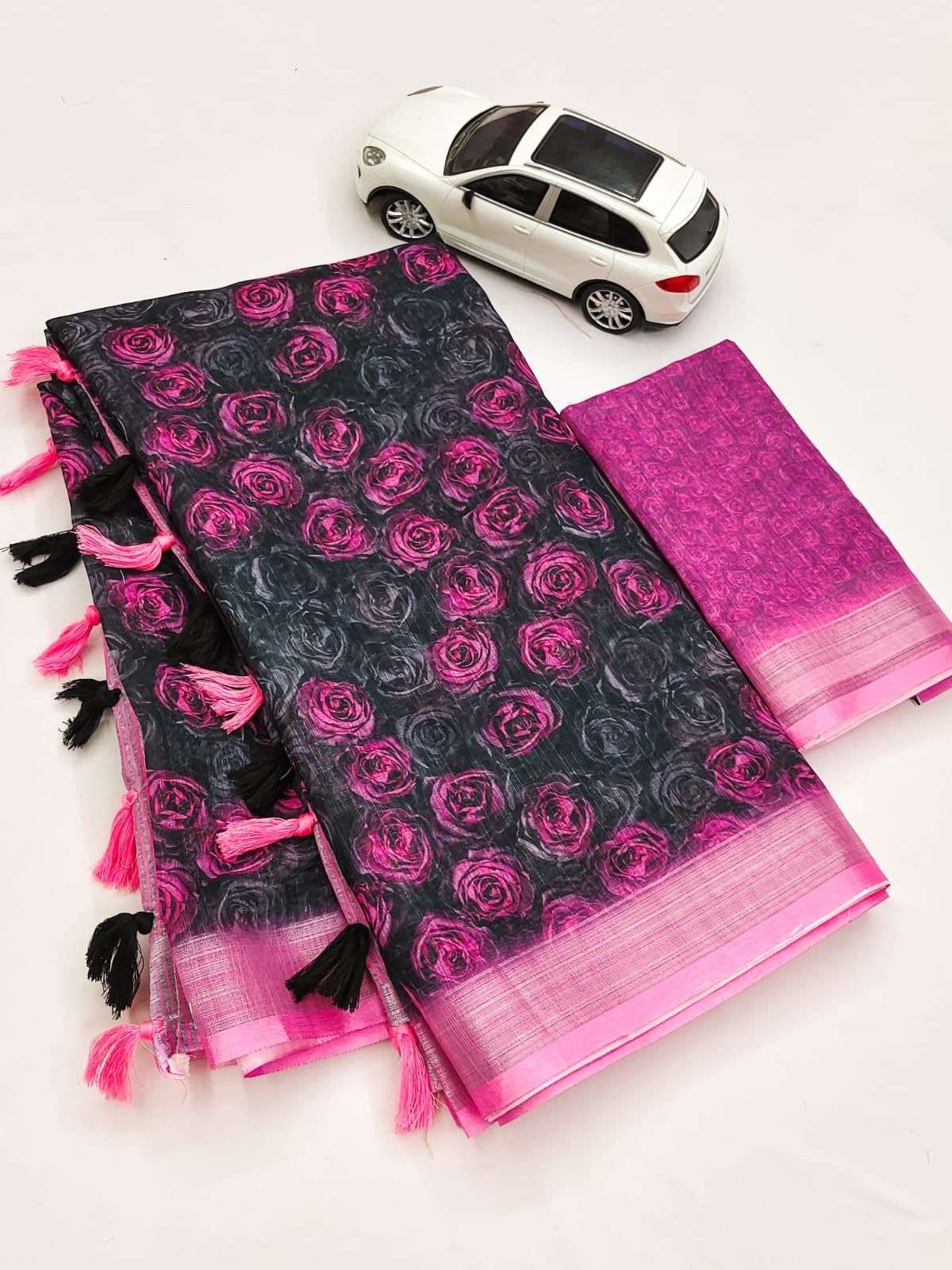 flower printed linen with fancy look saree collection at bes...