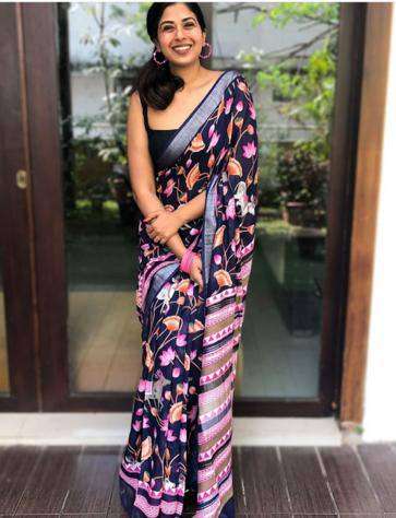 flower printed linen with fancy look saree collection at who...