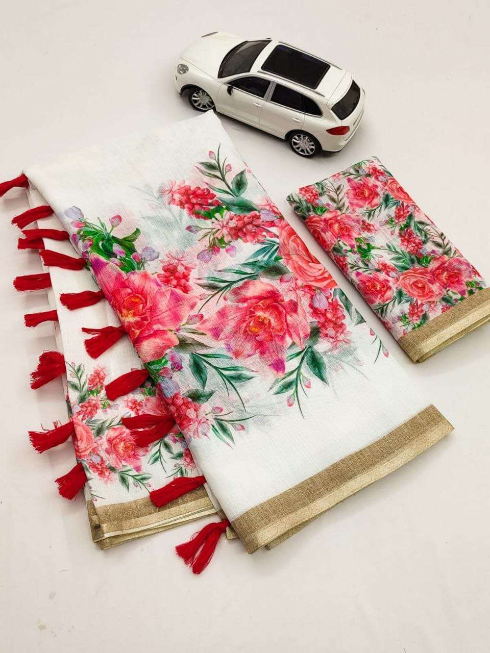 function special red & white Linen with flower printed saree...