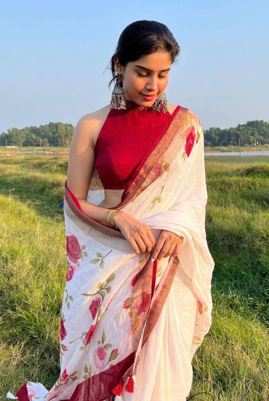 LINEN WITH RED FLOWER PRINTED PARTY WEAR SAREE COLLECITON AT...