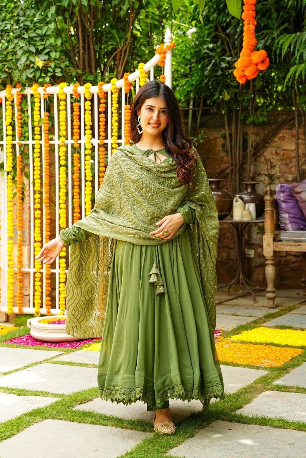MAHENDI FUCTION SPECIAL GREEN COLOUR GEORGETTE WITH ANARKALI...