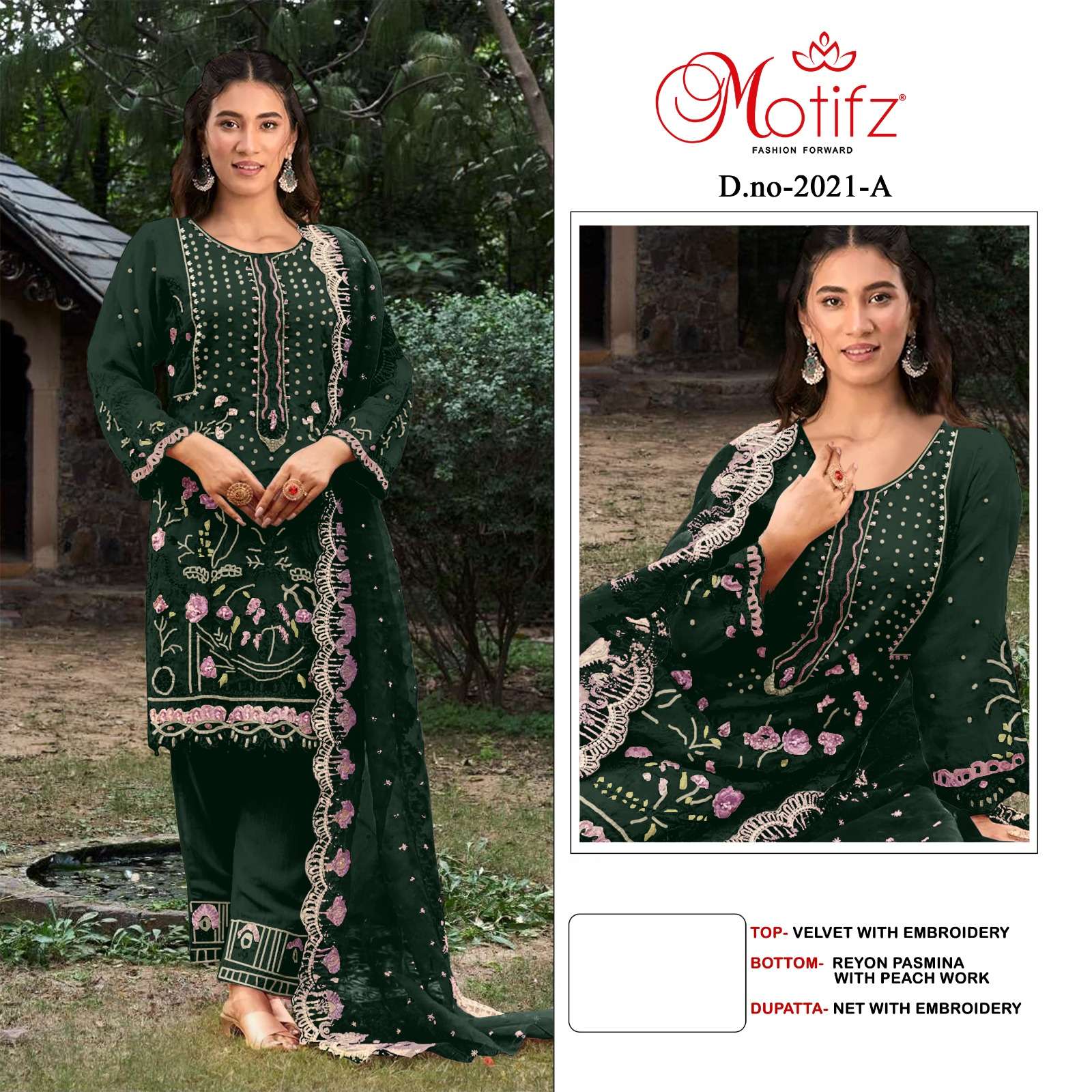 Motifz 2021 Velvet with embroidery work Green colour rich lo...