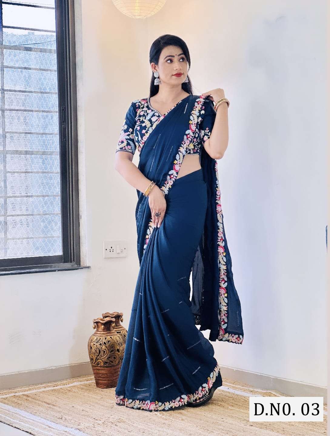 NAVY BLUE SHADES CHIFFON WITH SEQUENCE EMBROIDERY WORK DESIG...