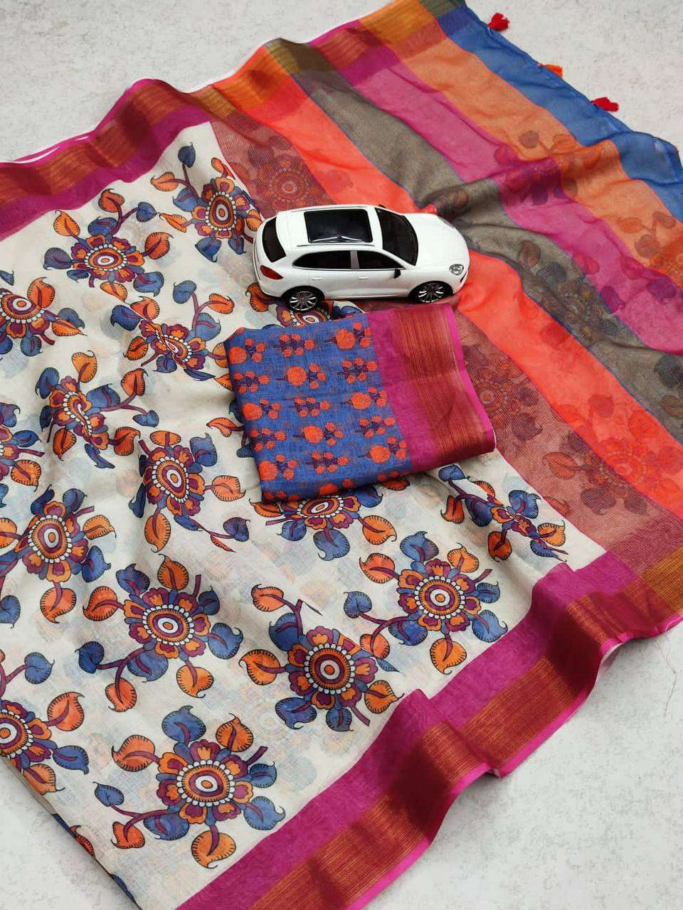 party special linen with flower printed saree collection at ...