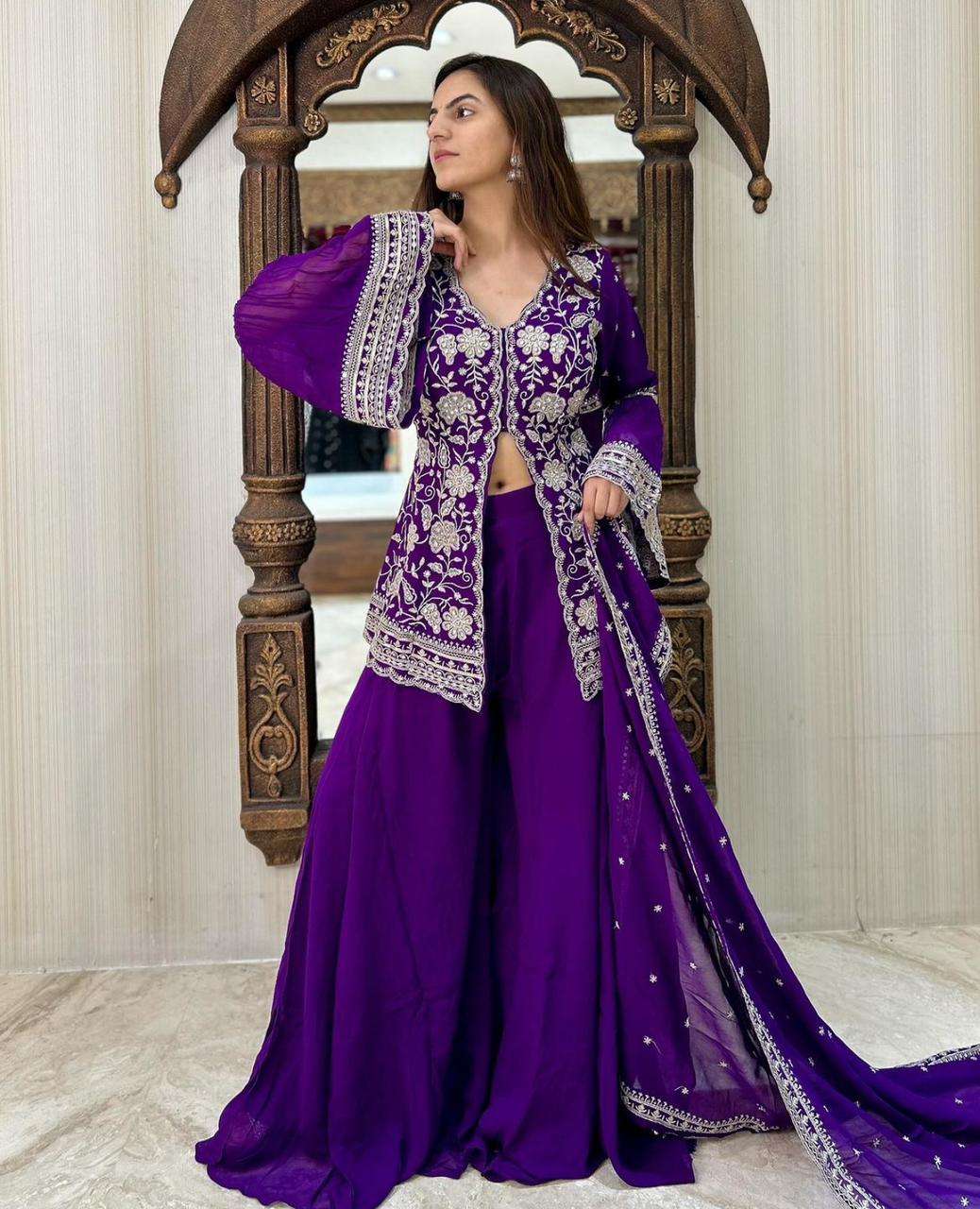 ROYAL PURPLE LOOK GEORGETTE WITH DESIGNER FUNCTION SPECIAL R...