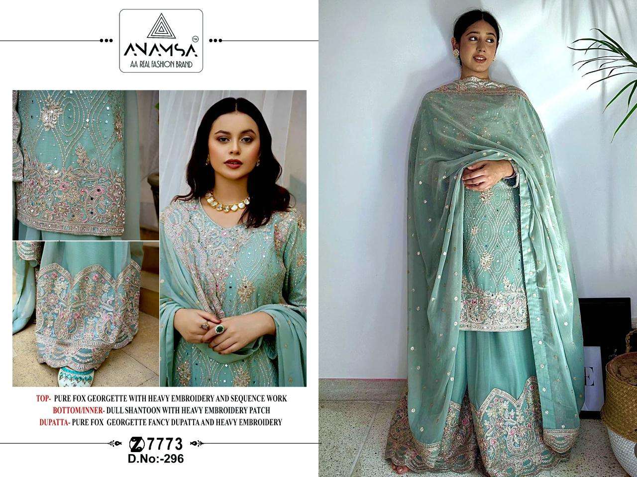 Anamsa 296 georgette with embroidery work sky blue shades pa...