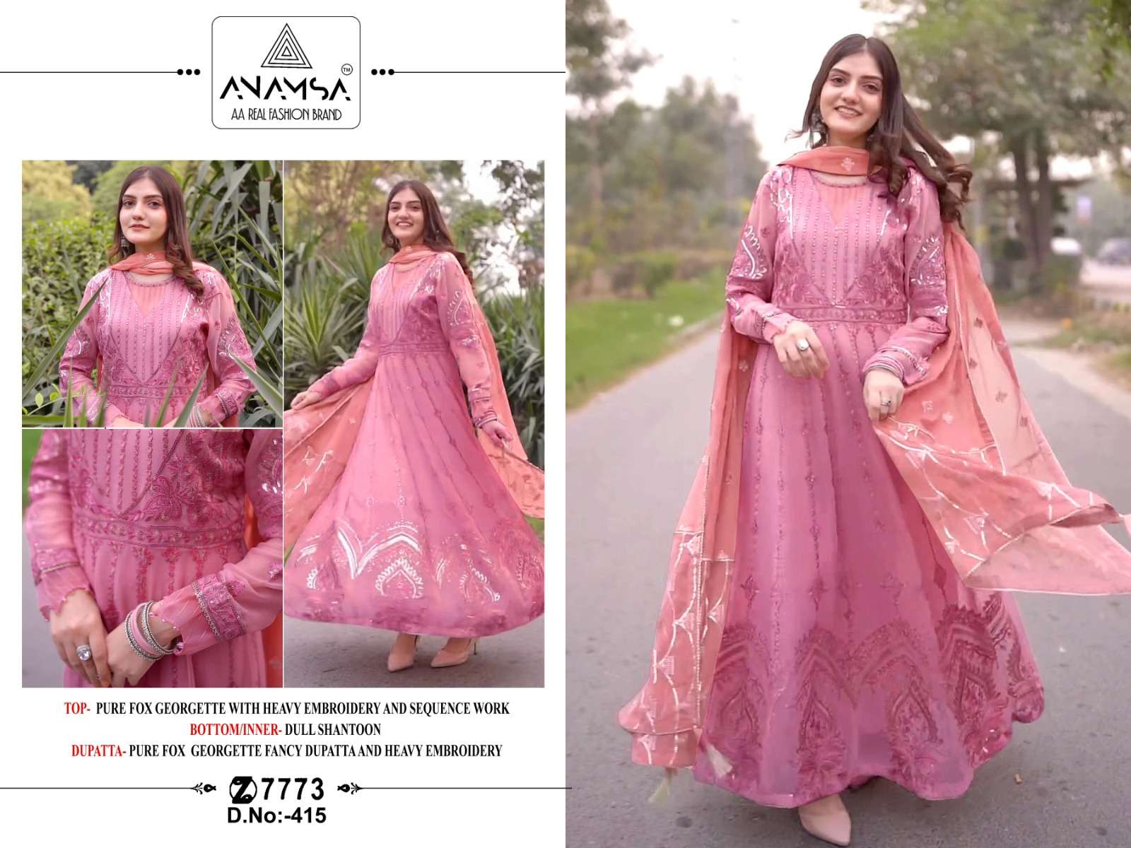 Anamsa 415 georgette with embroidery work pink colour pakist...
