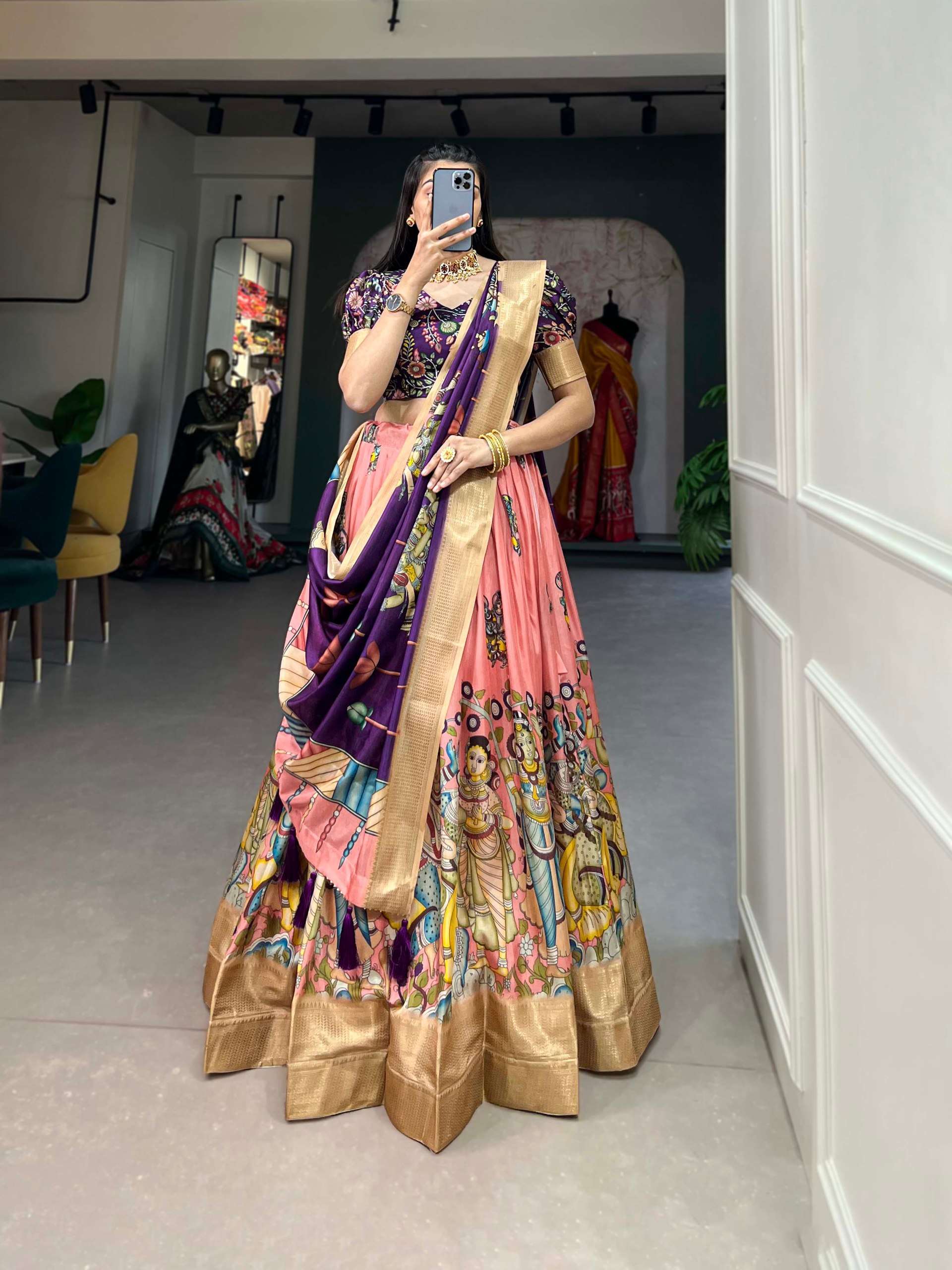 elegance of Dola Silk and the intricate charm of Kalamkari p...