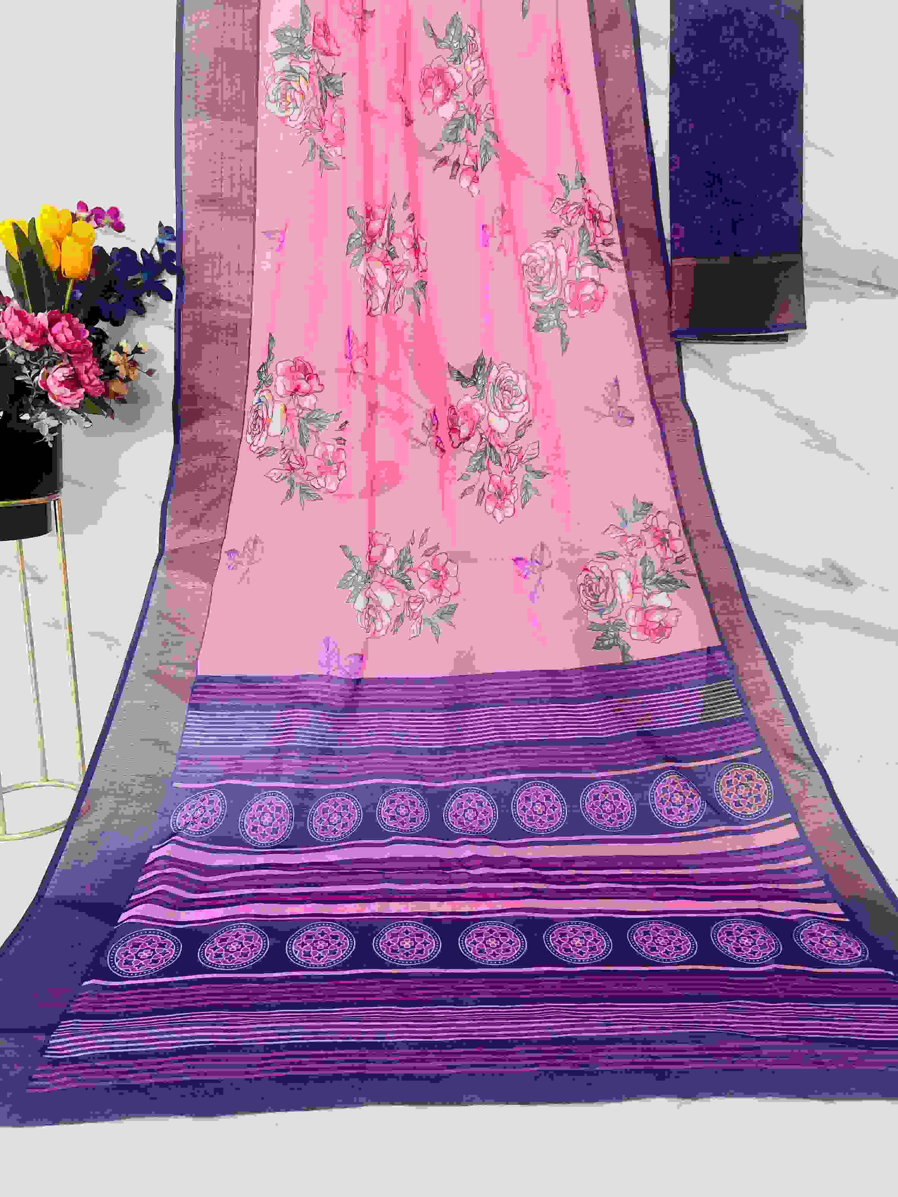 flower peinted Linen with fancy look summer Special saree co...