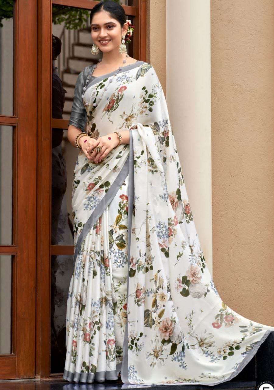 FLOWER PRINTED MUSLIN SILK FANCY LOOK SAREE COLLECITON AT BE...
