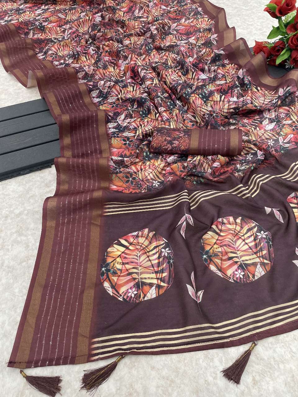 flower printed silk with sequence work border fancy look sar...