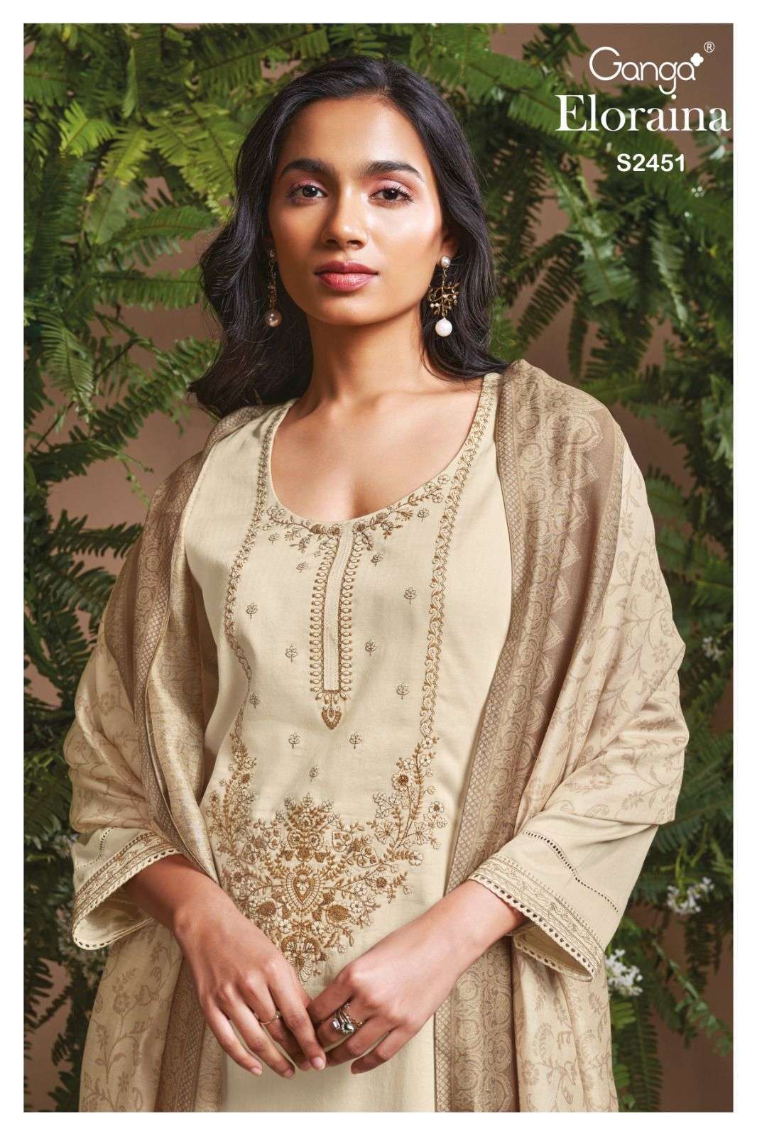 Ganga Eloraina 2451 cotton suits with neck embroidery work d...