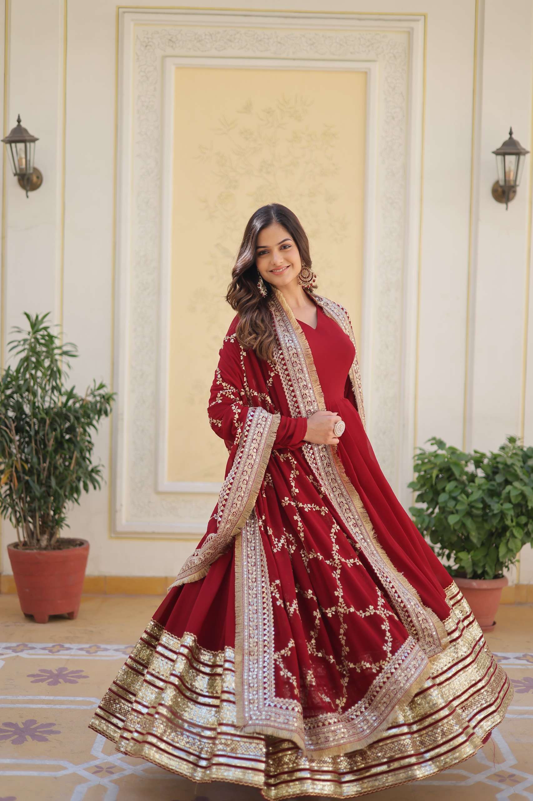 TRADITIONAL RED COLOUR  Faux Blooming with Embroidery Zari S...