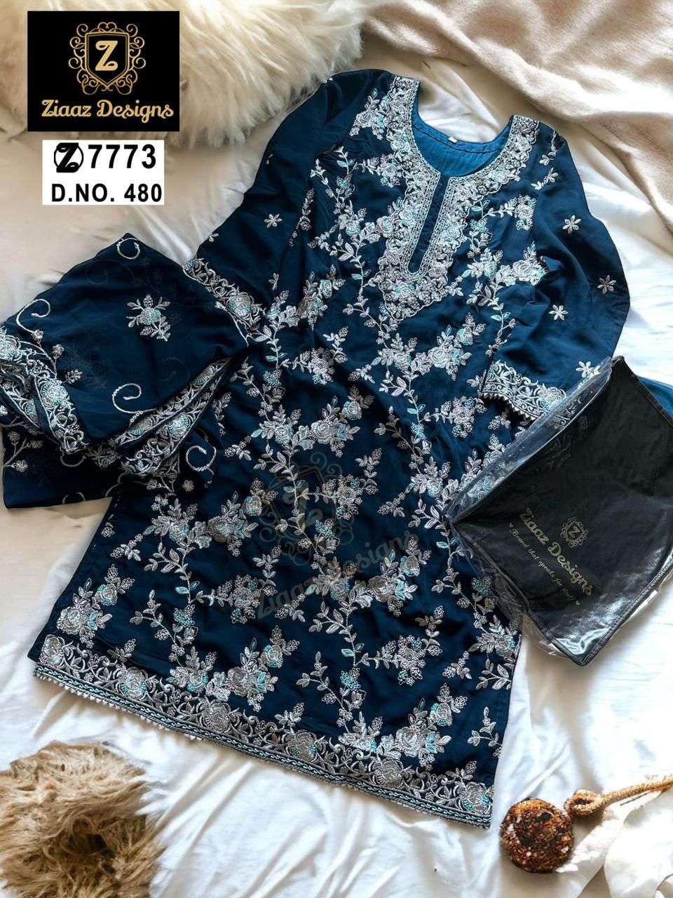 ZIAAZ 480 GEORGETTE WITH EMBROIDERY WORK NAVY BLUSE SHADES P...