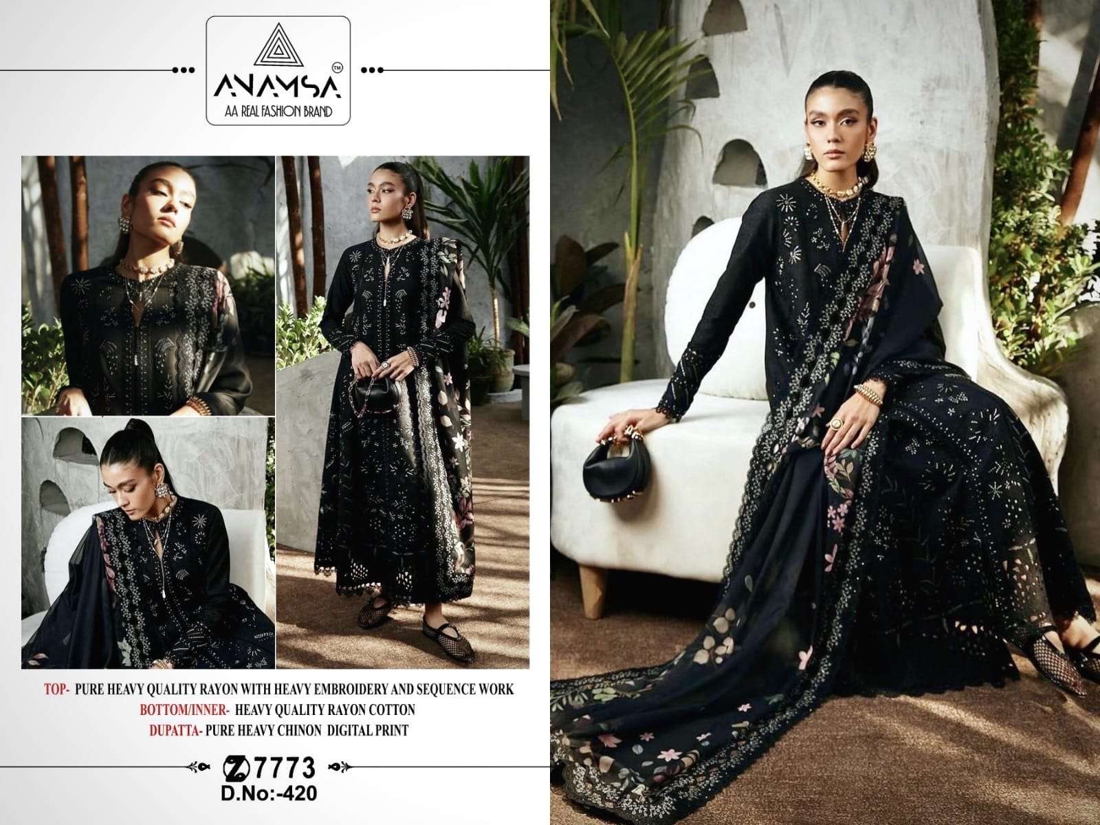 ANAMSA 420 RAYON COTTON WITH EMBROIDERY WORK BLACK COLOUR PA...