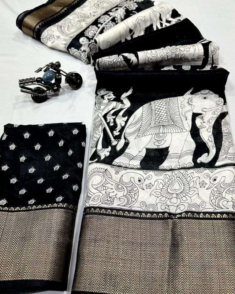 black and white Digital printed Dola silk saree best collect...