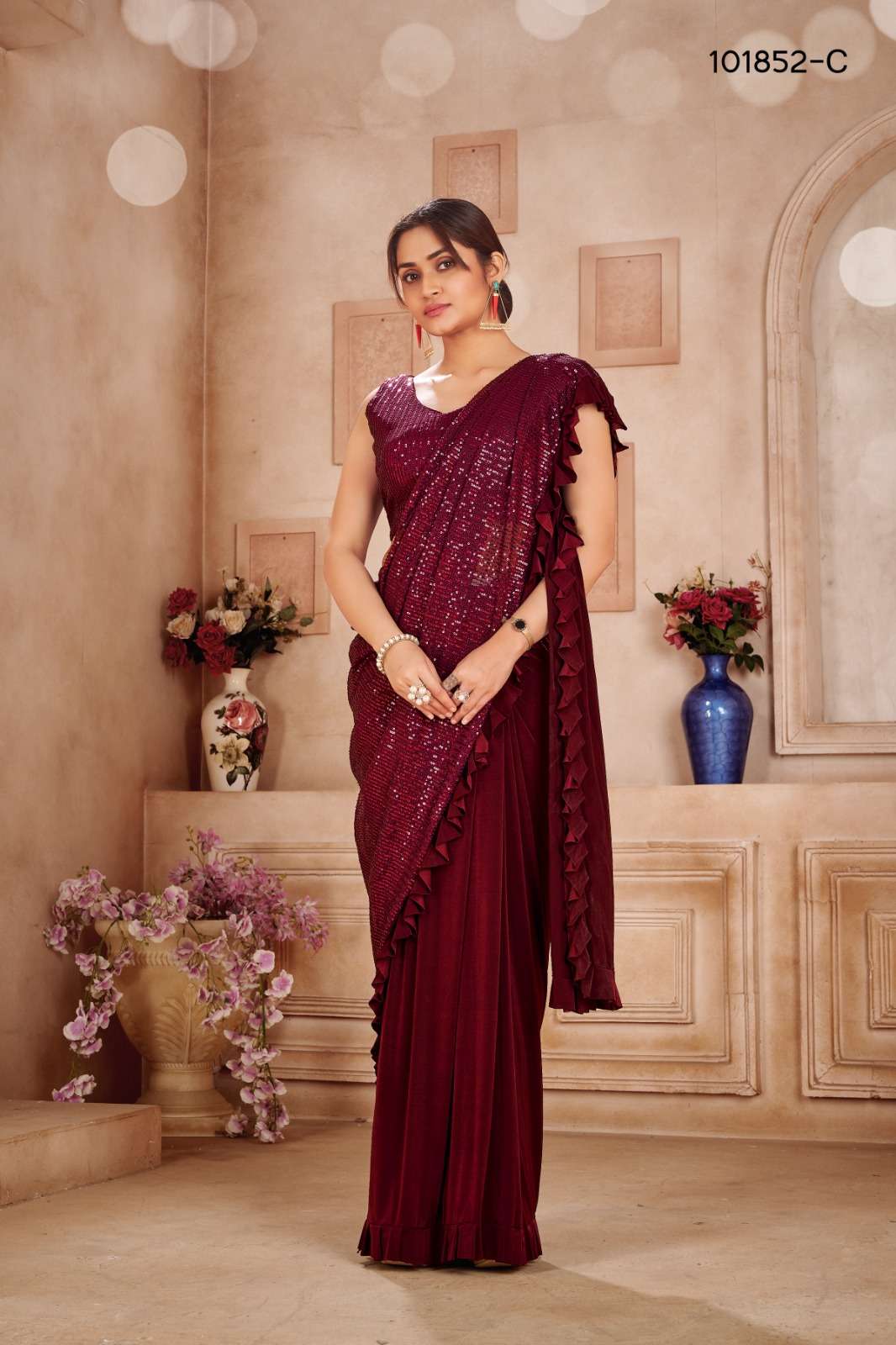 IMPORTED FABRICS WITH SEQUENCE WORK READY TO WEAR SAREE COLL...