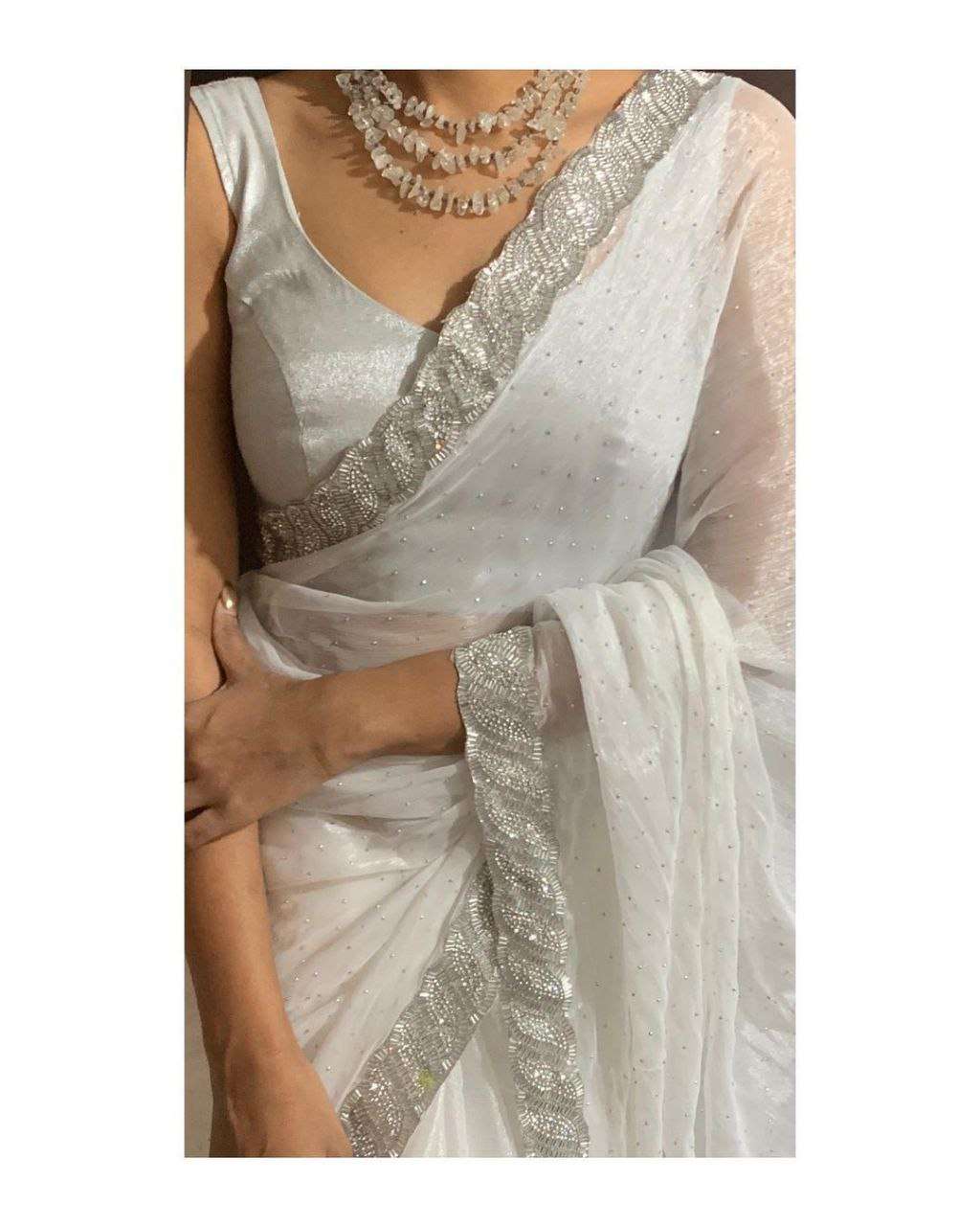 jimmy chu fabric latest white color sarees with handowrk lac...