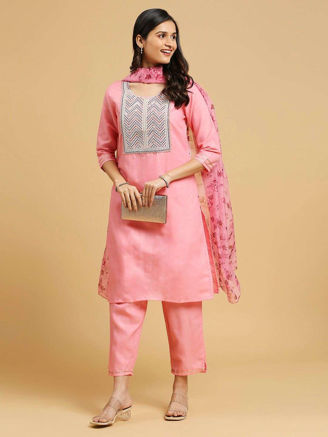 PINK COLOUR COTTON WITH EMBROIDERY NECK WORK READYMADE SUITS...