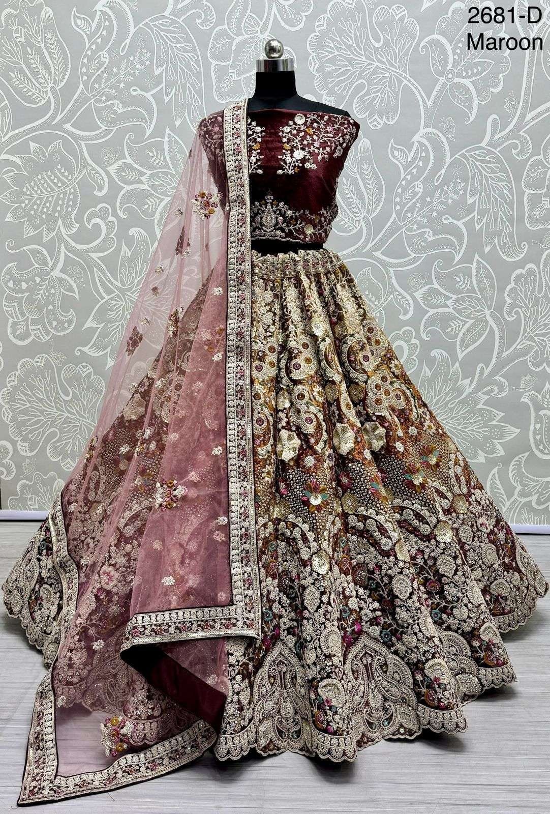 velvet with dori embroidery hand work bridal wear lehenga ch...