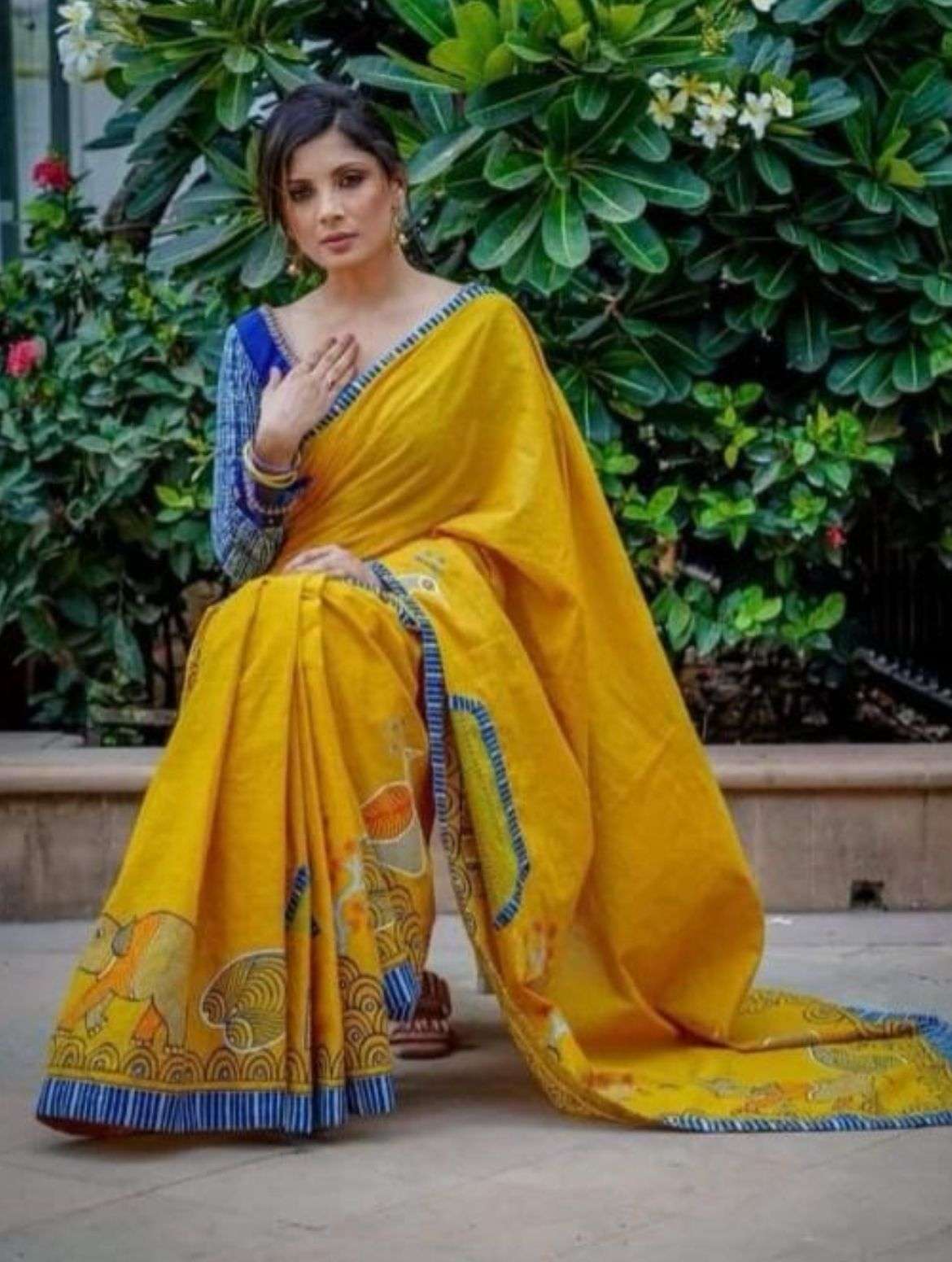 YELLOW COLOUR LINEN SILK WITH DIGITAL PRINTED FANCY SAREE CO...