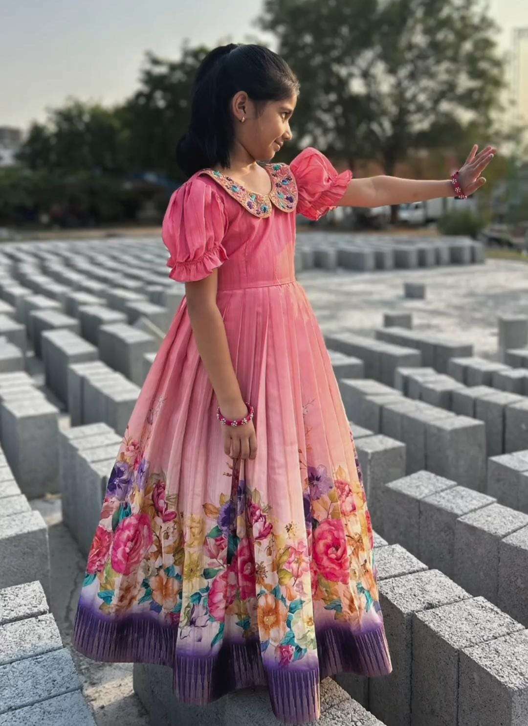 HANDLOOM SILK WITH FLOWER PRINTED LONG GOWN KIDS COLLECTION