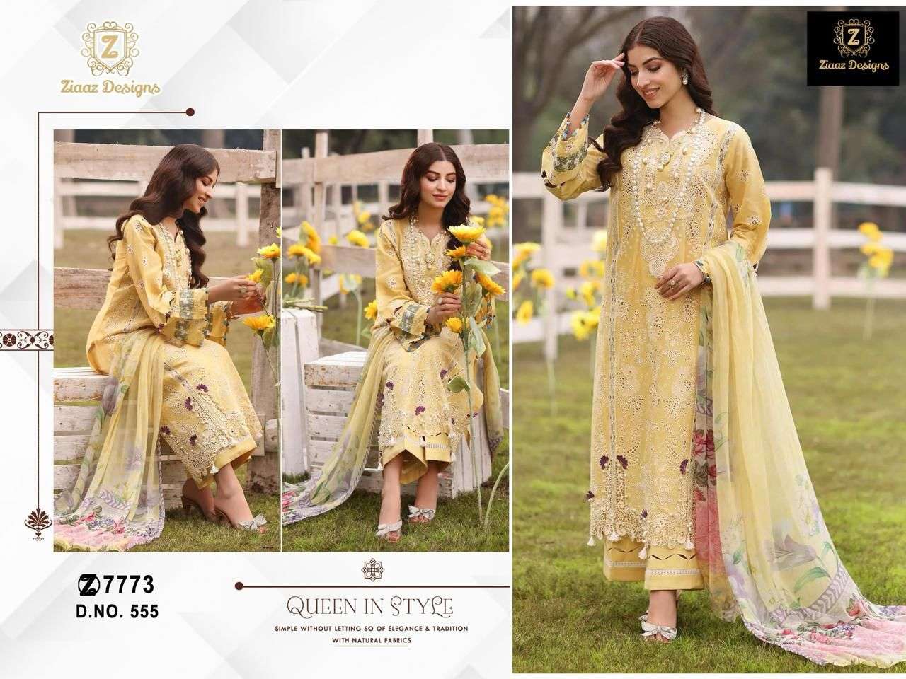 ZIAAZ 555 RAYON COTTON WITH EMBROIDERY WORK YELLOW SHADES PA...