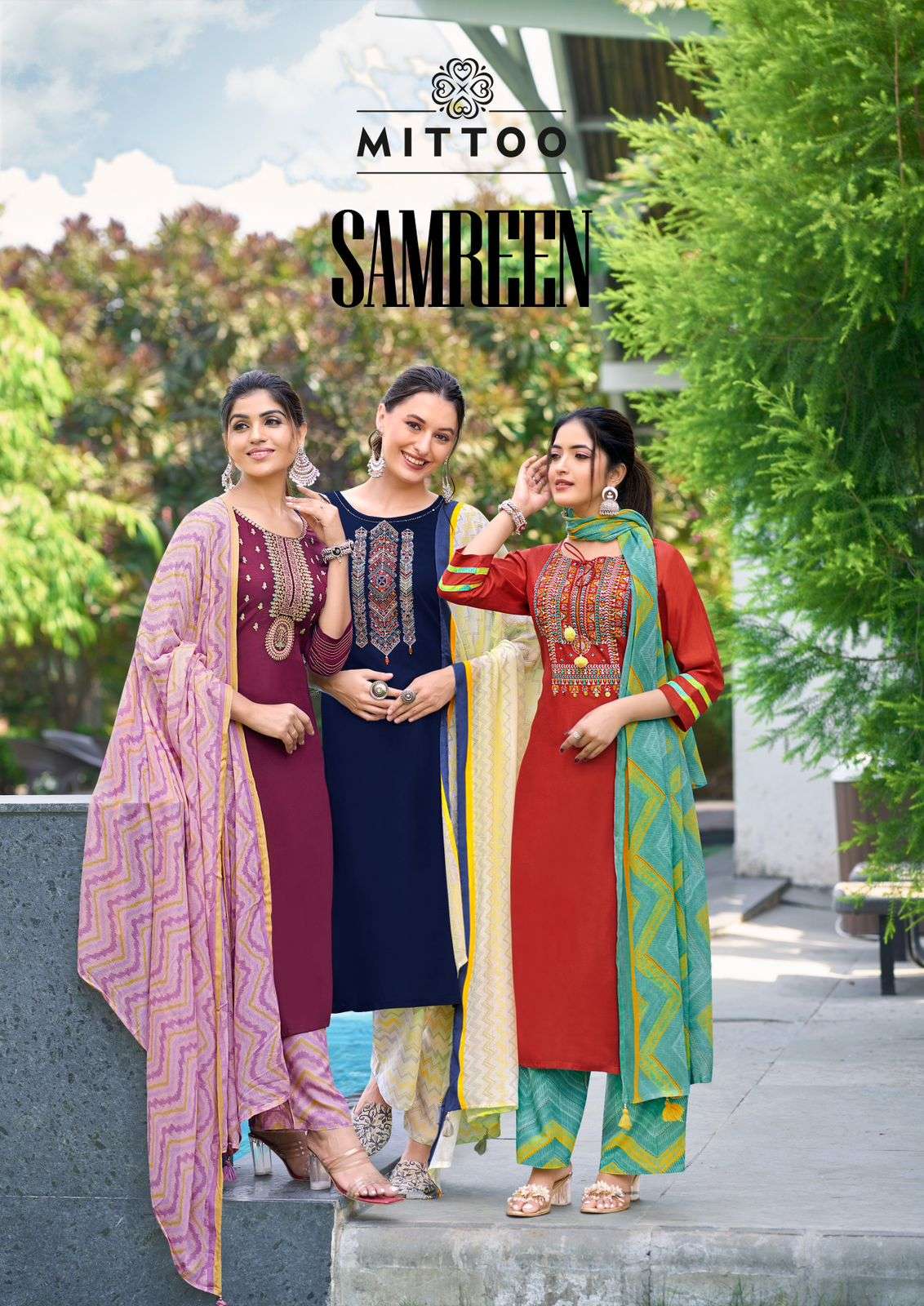 Mittoo samreen Rayon with thread work ready made suits suppl...