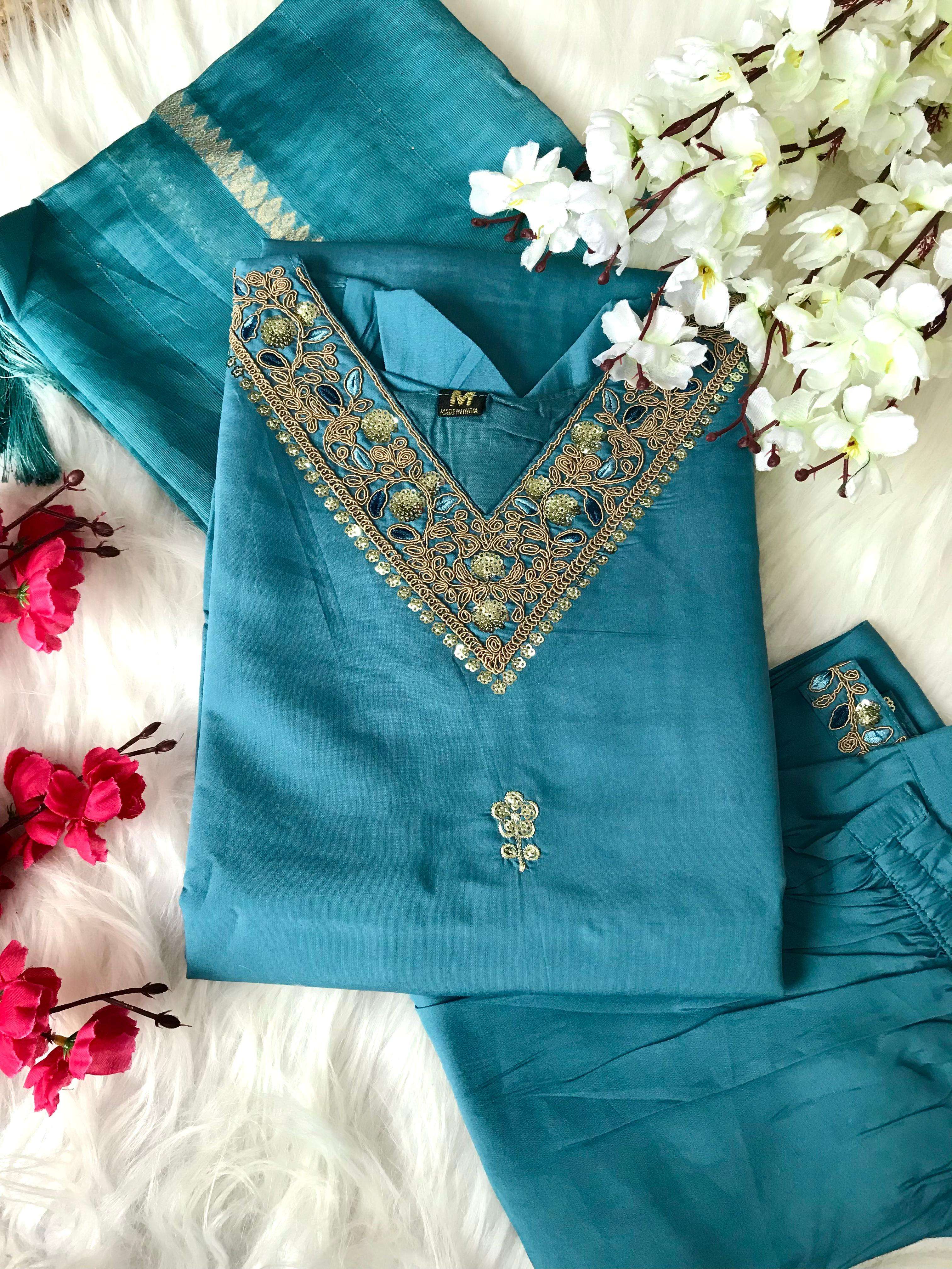 BLUE SHADES ROMAN SILK FANCY READYMADE SUITS SUPPLIER IN SUR...