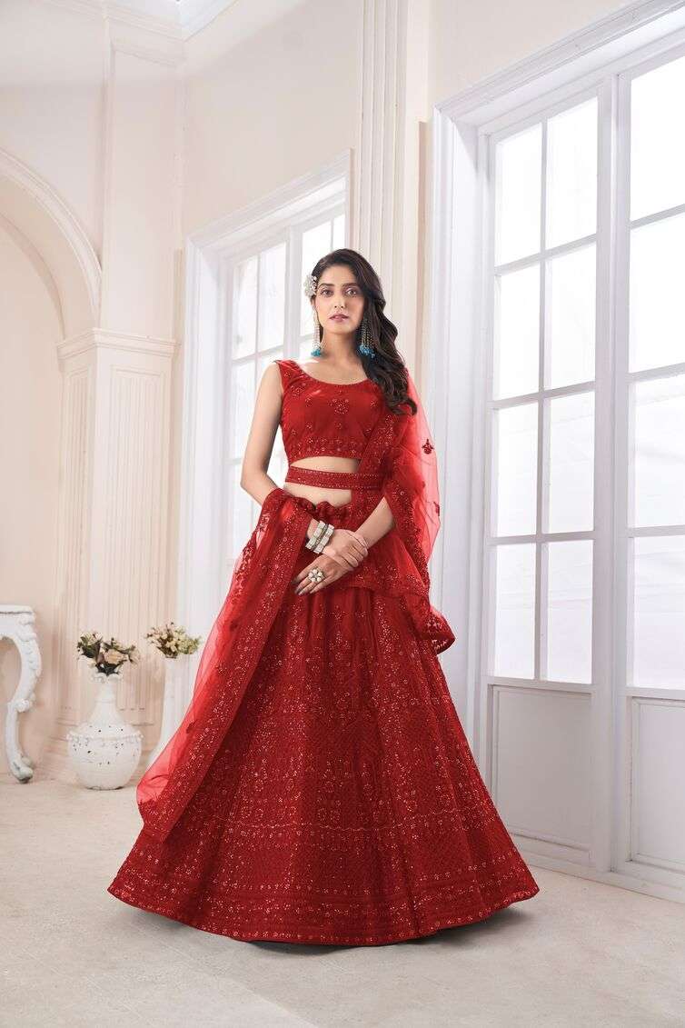 BRIDAL SPECIAL RED COLOUR NET WITH HEAVY DESIGNER LEHENGA CH...