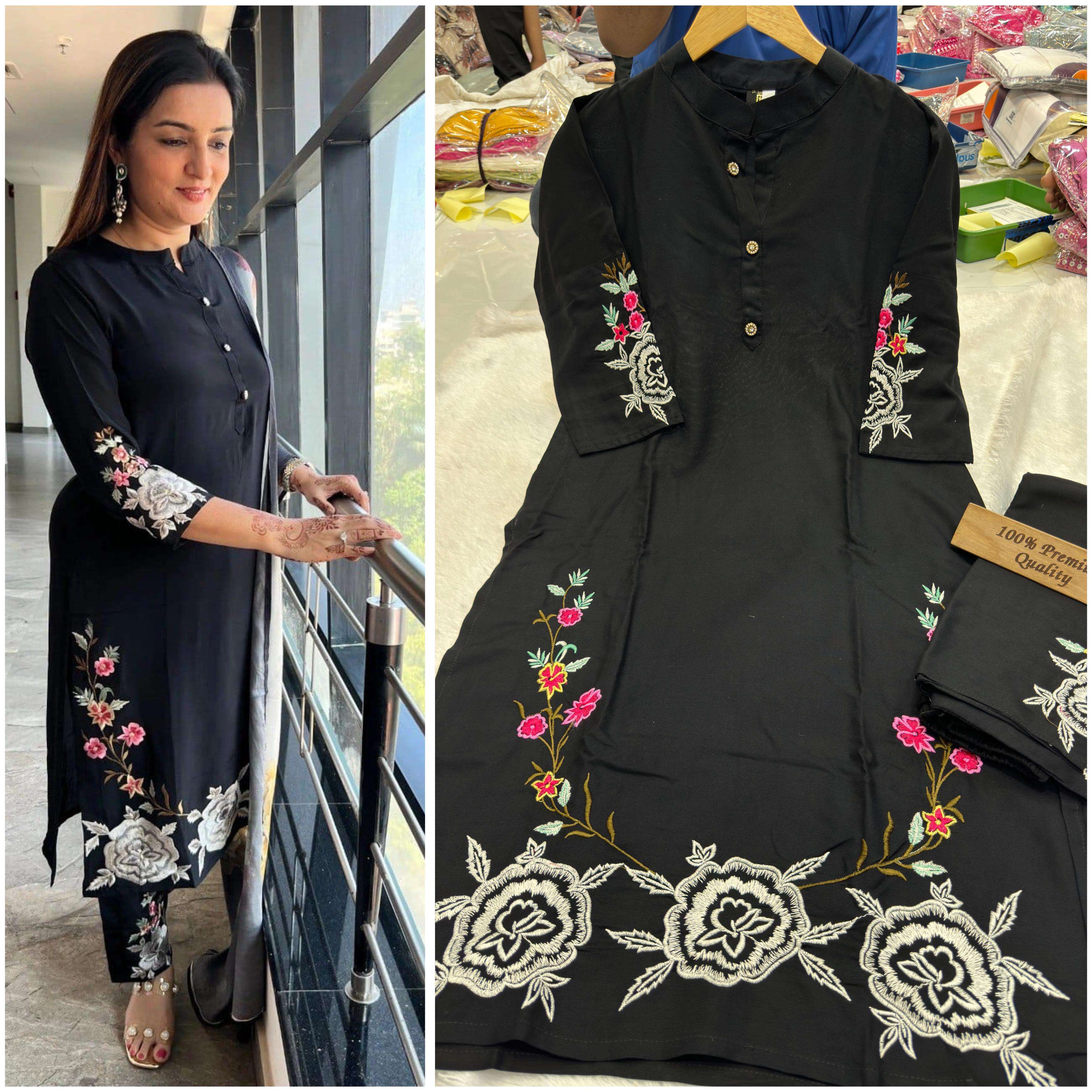 COTTON RAYON WITH LIGHT EMBROIDERY WORK BLACK COLOUR KURTI C...