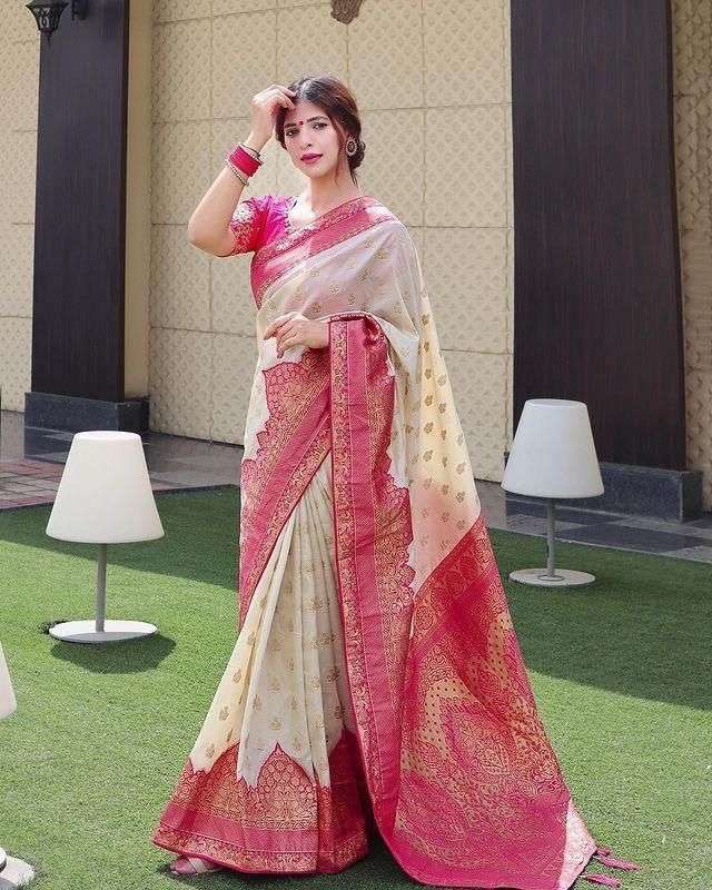 WHITE AND PINK BORDER SILK FESTIVAL SPECIAL SAREE SUPPLIER I...
