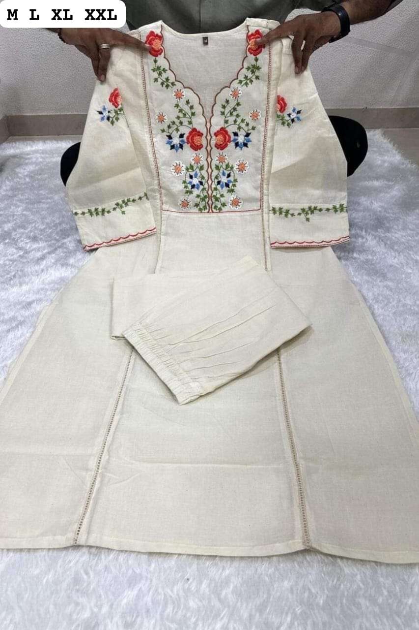 WHITE COLOUR COTTON WITH NECK EMBROIDERY WORK TOP & BOTTOM C...