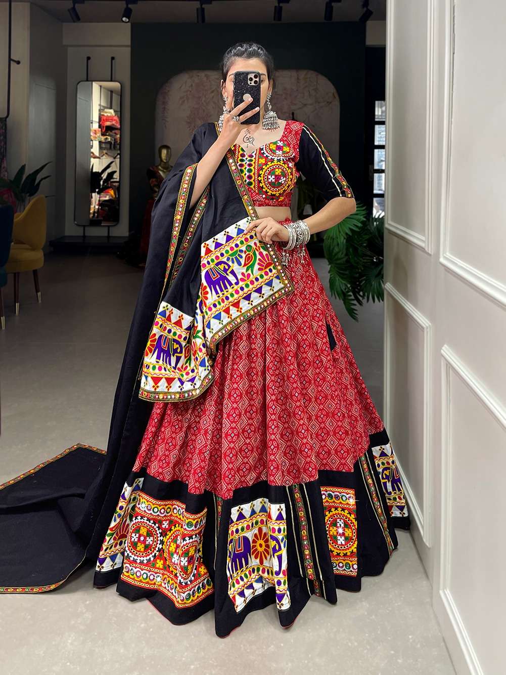 BLACK AND RED SHADES TRADITONAL LOOK GAMTHI WORK LEHENGA CHO...