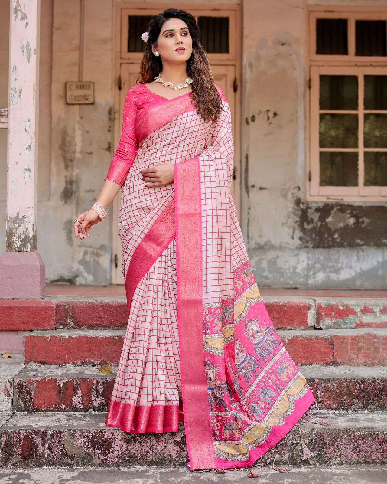 CHEX PRINTED PINK SHADES SILK SAREE SUPPLIER IN SURAT AF 107...