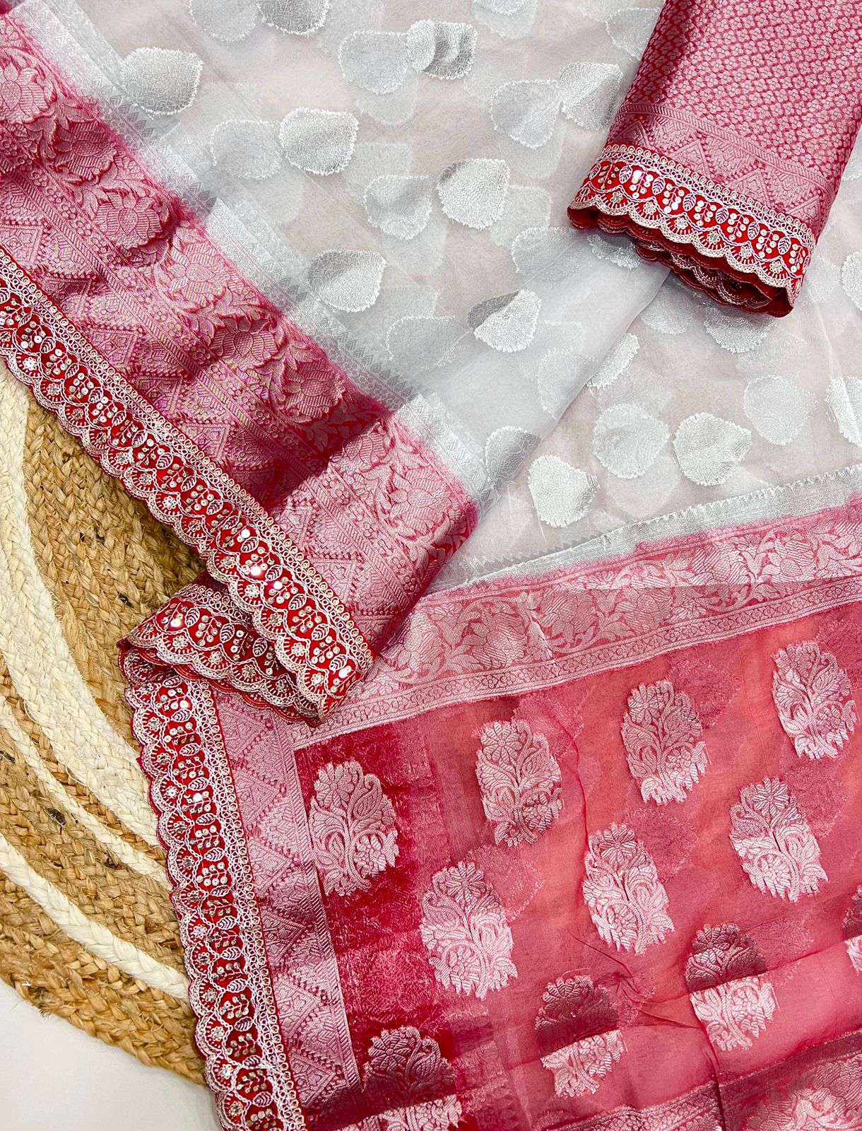 DURGA POOJA SPECIAL RED WHITE SHADES ORGANZA FABRICS HEAVY B...