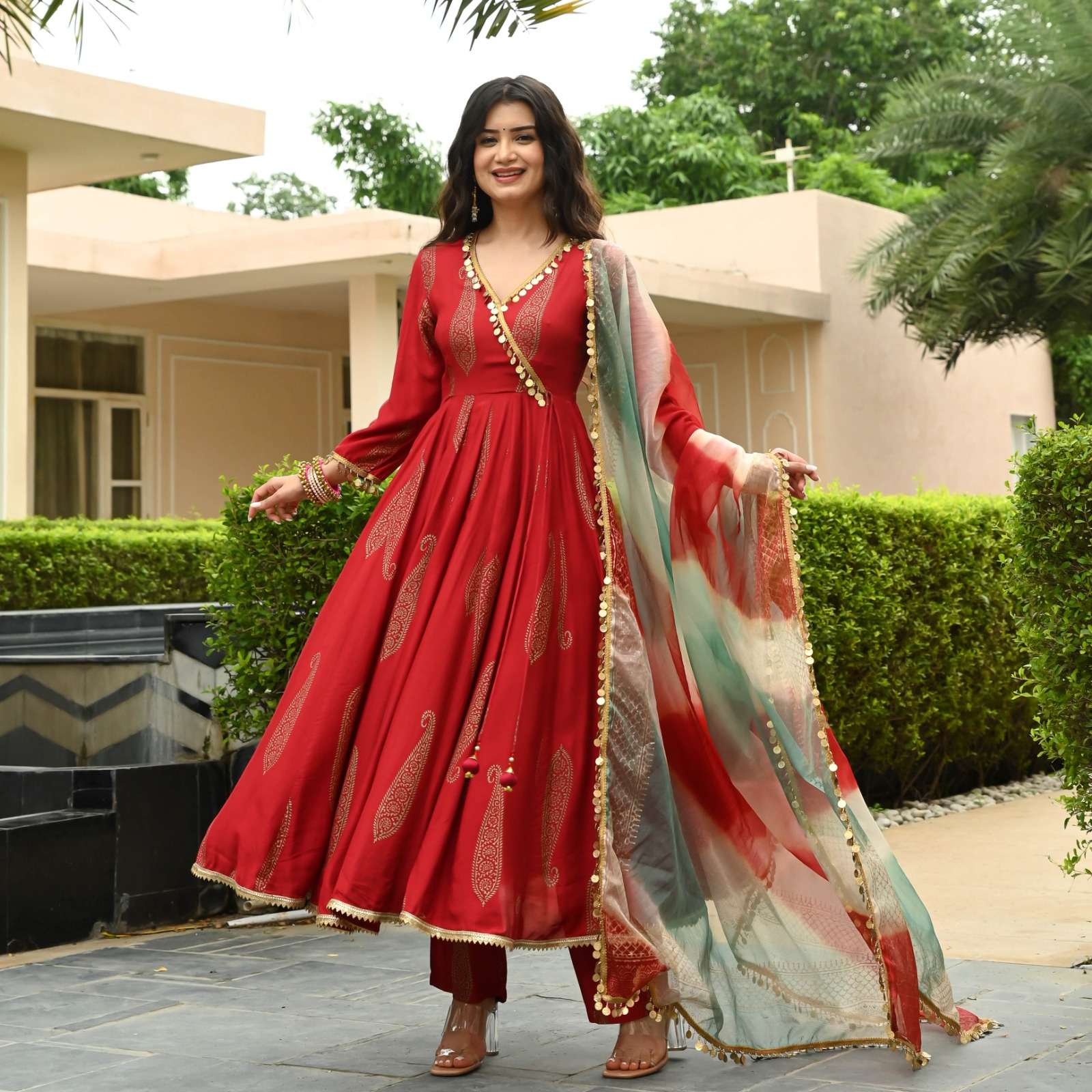 FUNCTION SPECIAL RED COLOUR RAYON FABRICS ANARKALI STYLE SUI...