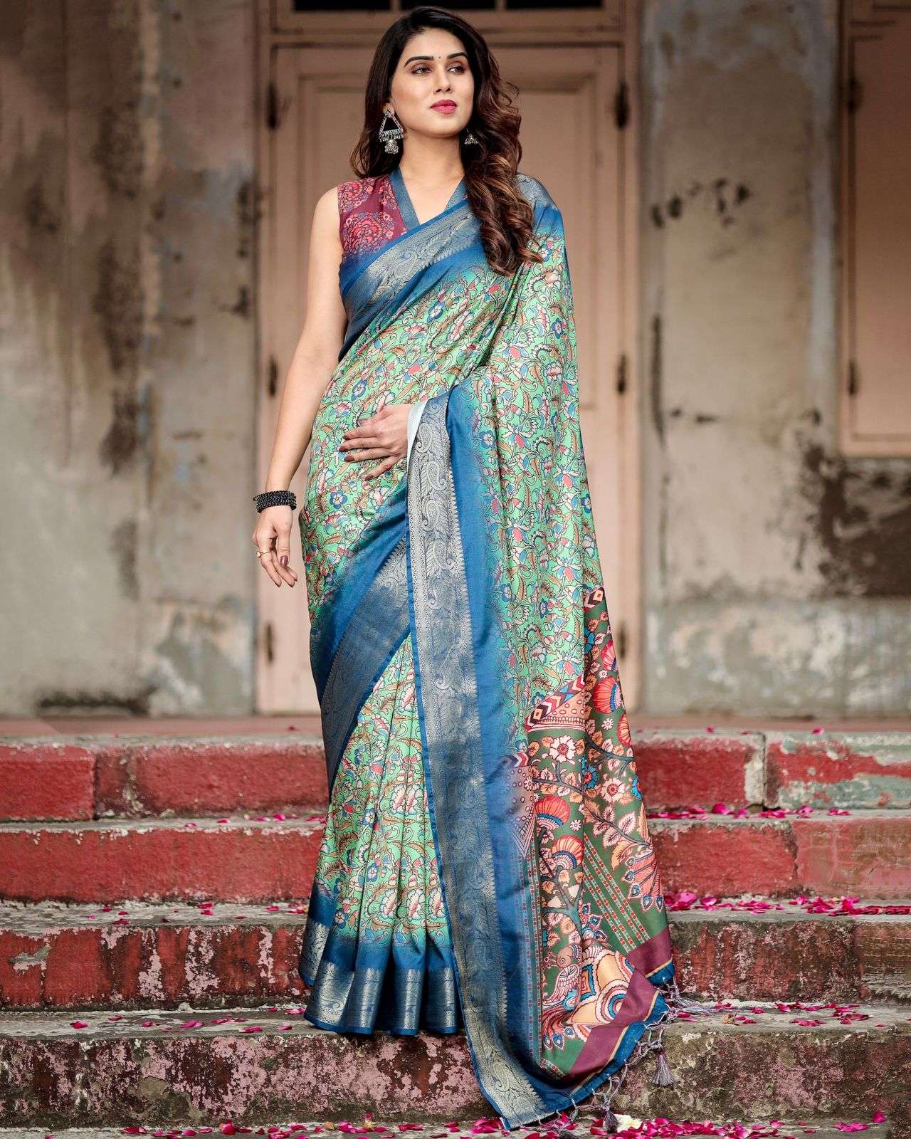 KALAMKARI PRINTED SOFT SILK LICH LOOK NEW SAREE DESIGN WHOLE...