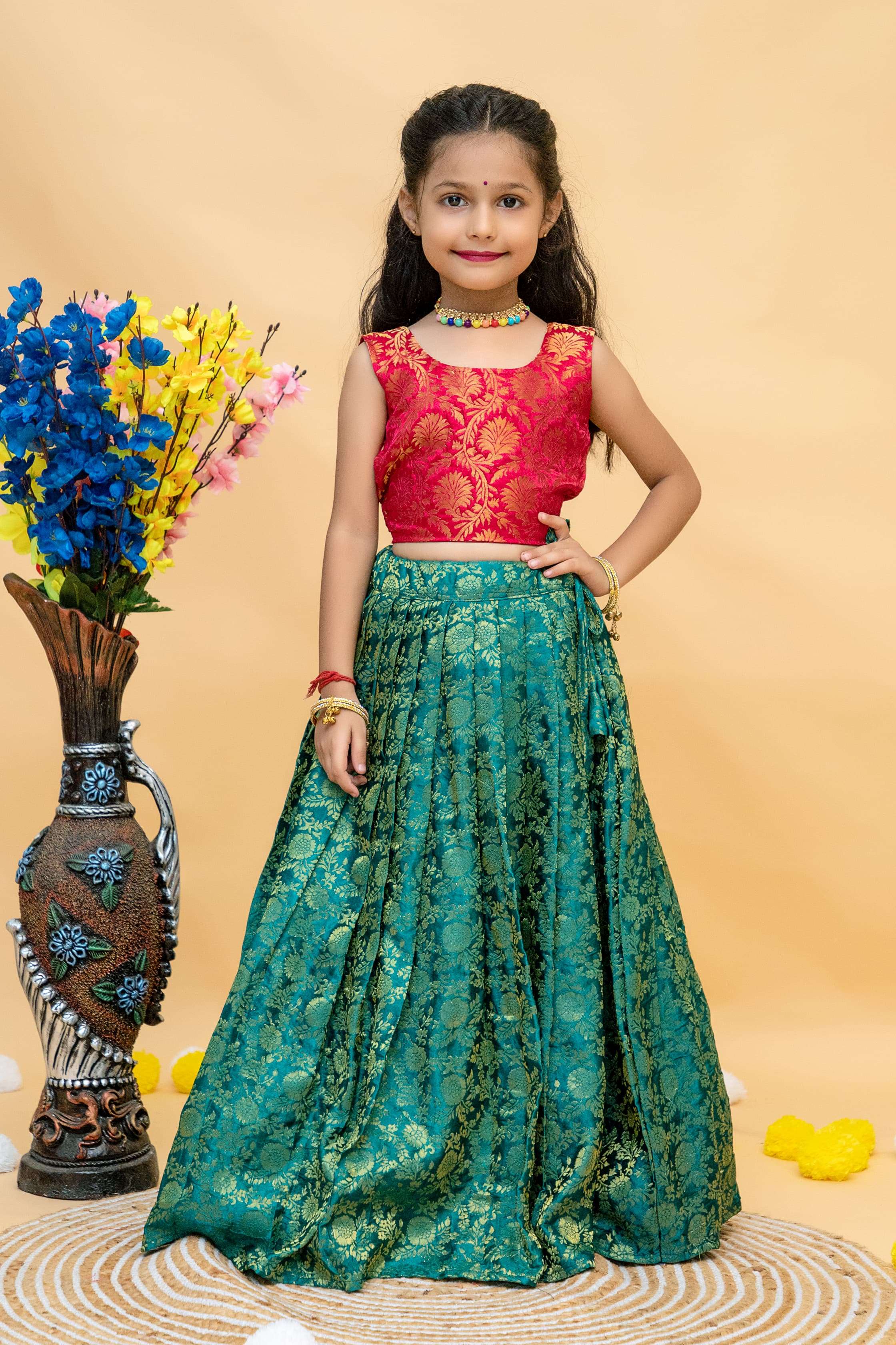 KIDS SPECIAL VICHITRA SILK READYMADE CROP TOP  STYLE LEHENGA...