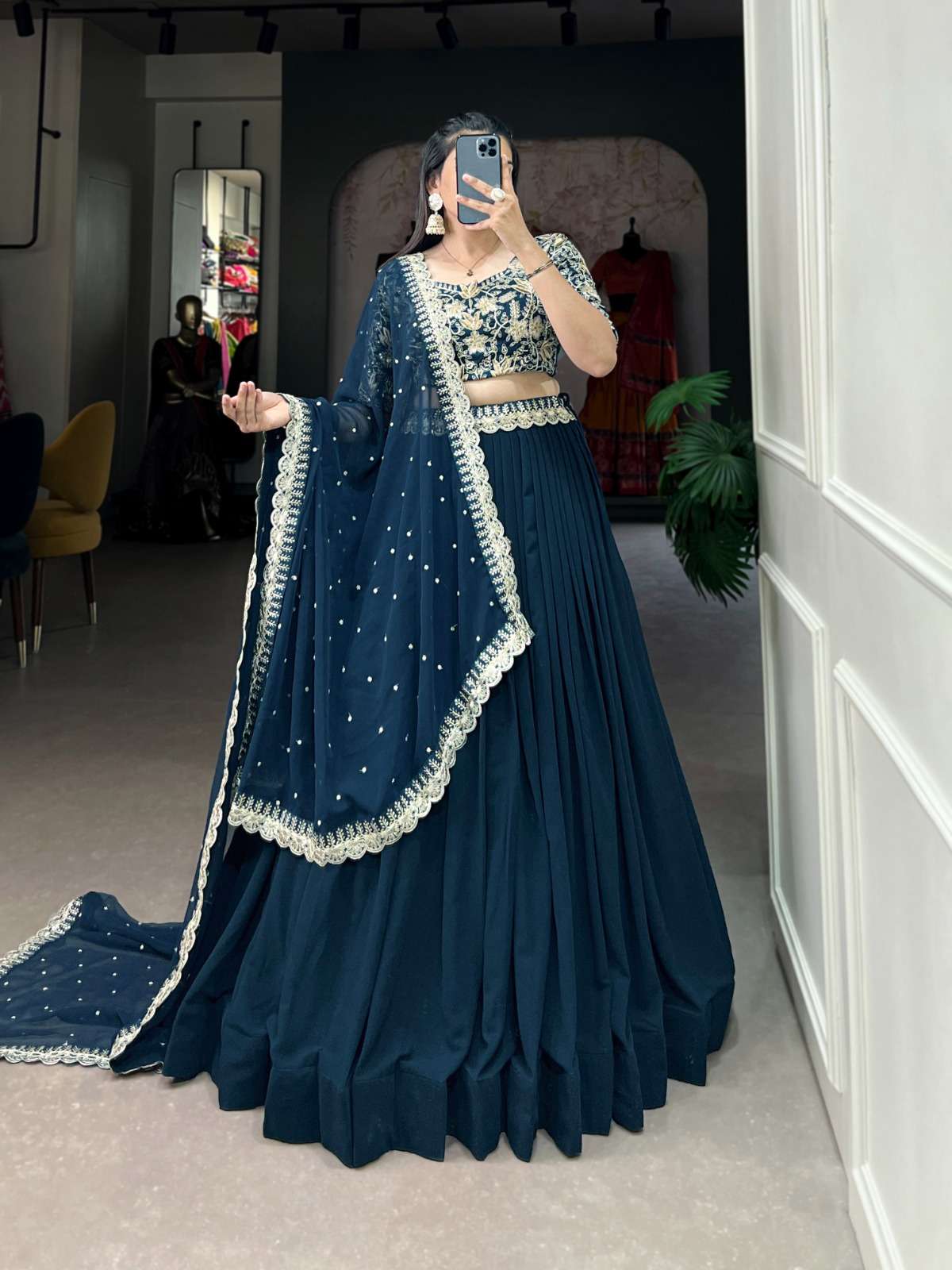 NAVY BLUE SHADES GEORGETTE FABRICS READYMADE LEHENGA CHOLI S...