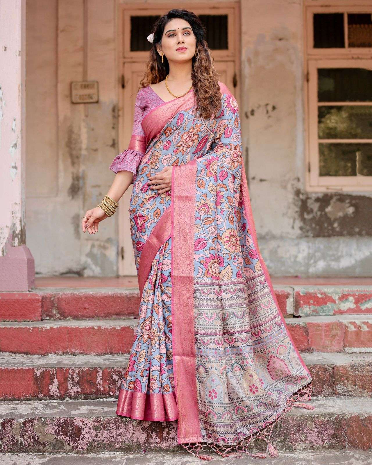 PARTY WEAR LOOK KALAMKARI PRINTED SILK SAREE SUPPLIER IN SUR...