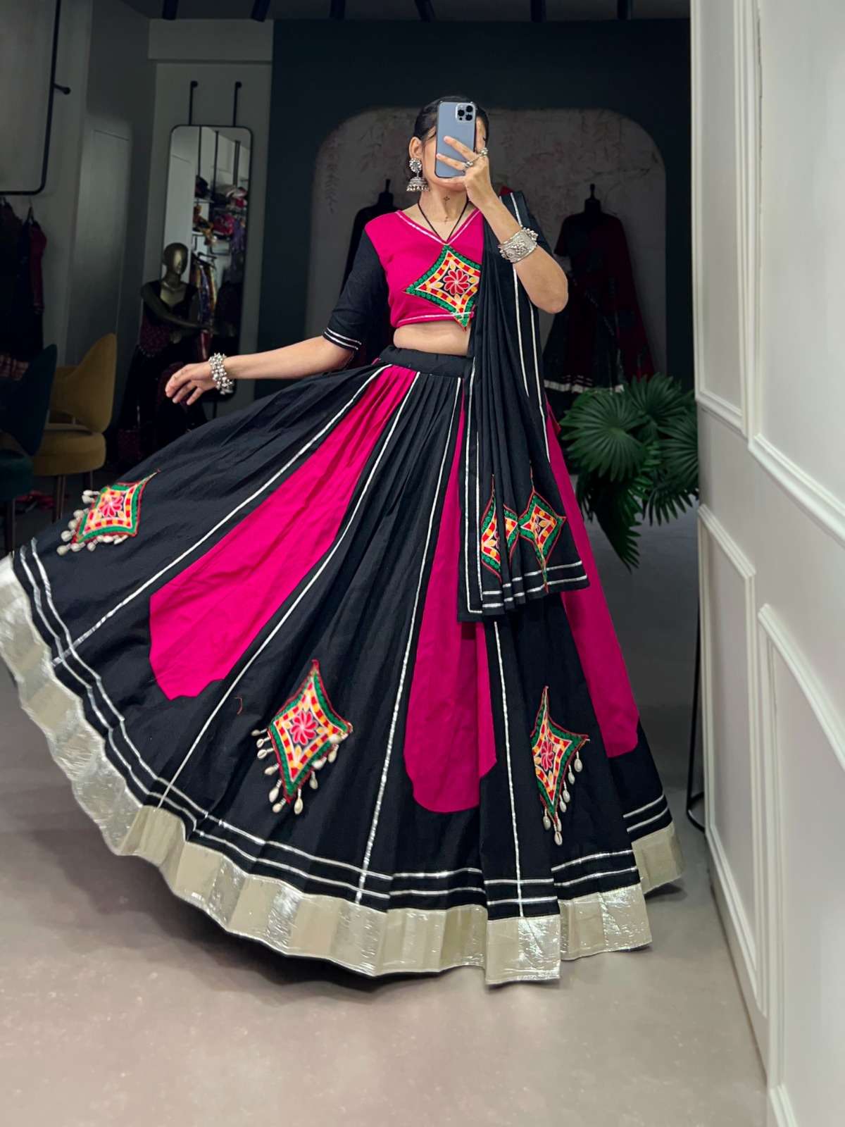 Radiant Pink and Black Cotton Chaniya Choli with Gamthi Work...