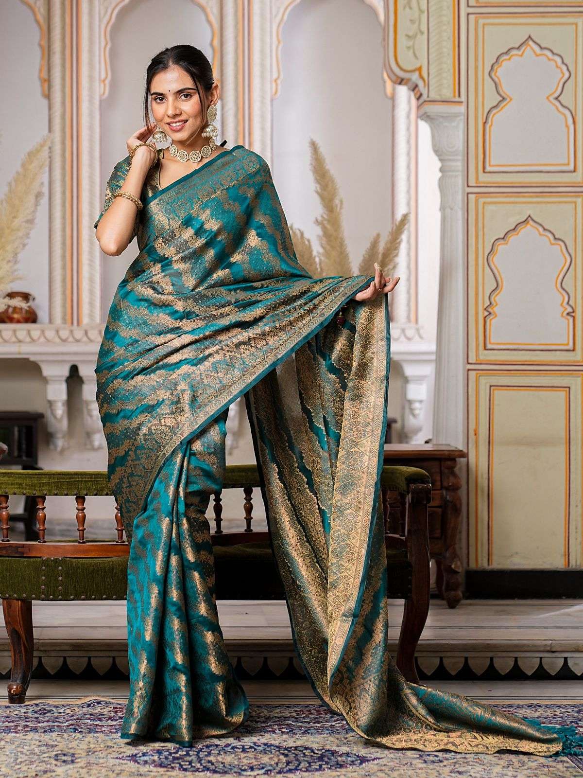 Rama Color Pure Organza Saree Adorned with Zari Weaving, Com...