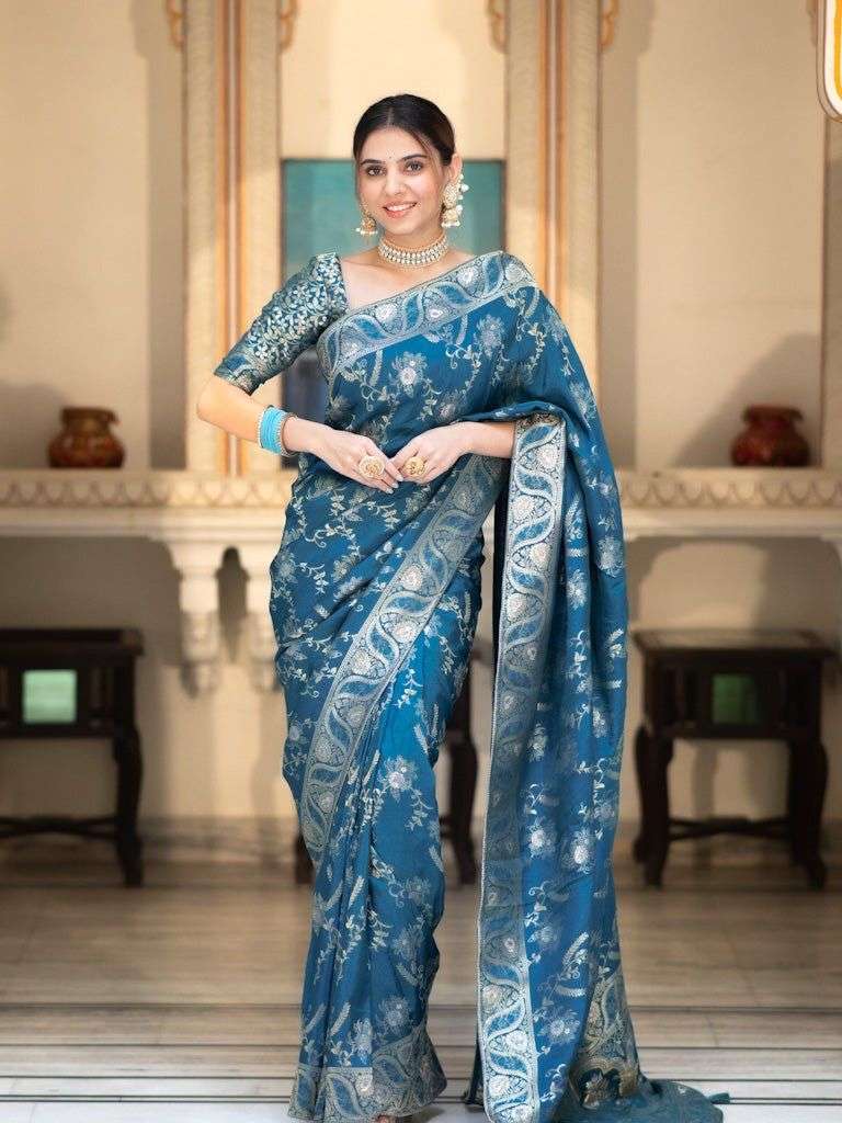 SOFT BANARASI SILK BLUE SHADES WEAVING DESIGN SAREE SUPPLIER...