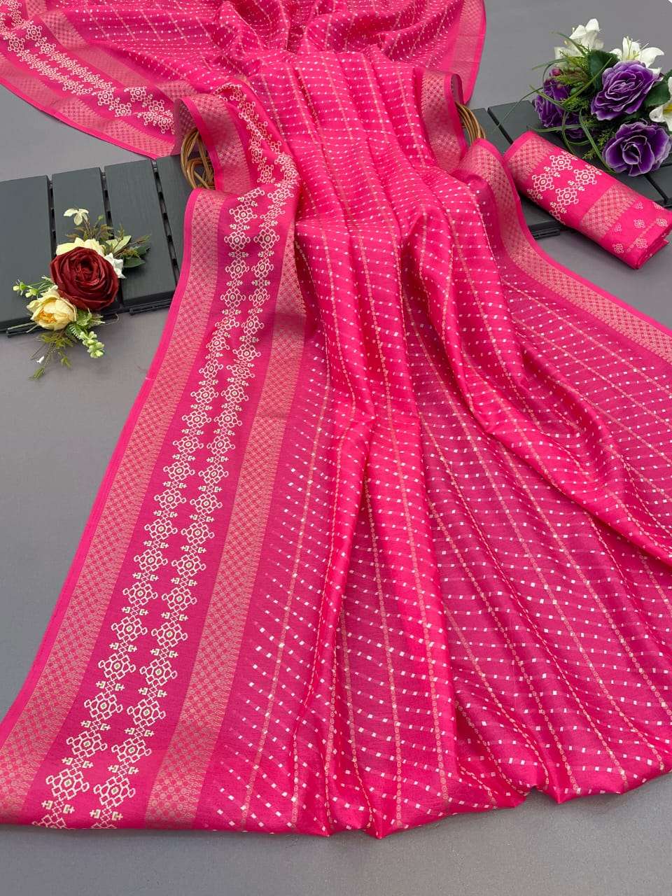 SOFT LICHI SILK PINK SHADE LAHERIYA SAREE BEST WHOLESALE RAT...