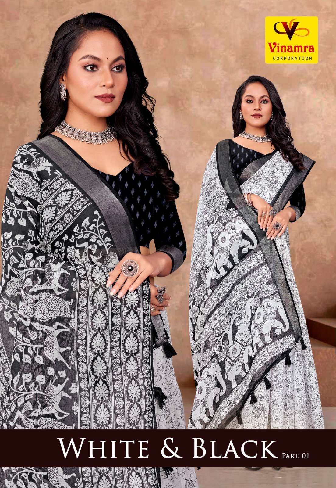 VINAMRA WHITE AND BLACK VOL 1 LINEN FABRICS FANCY SAREE SUPP...