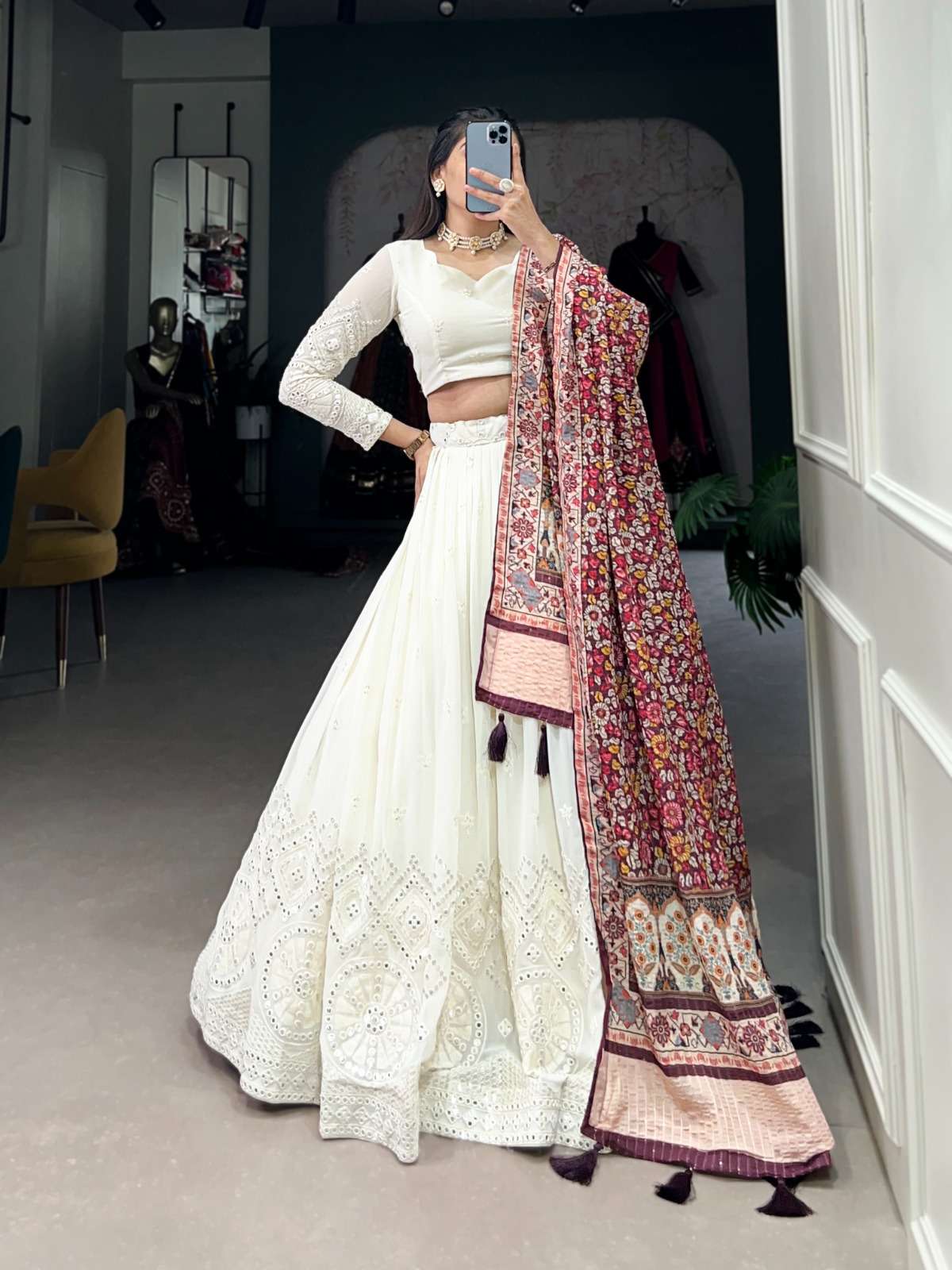 WHITE SAHDES beautiful lucknowi paper mirror work lehenga CH...