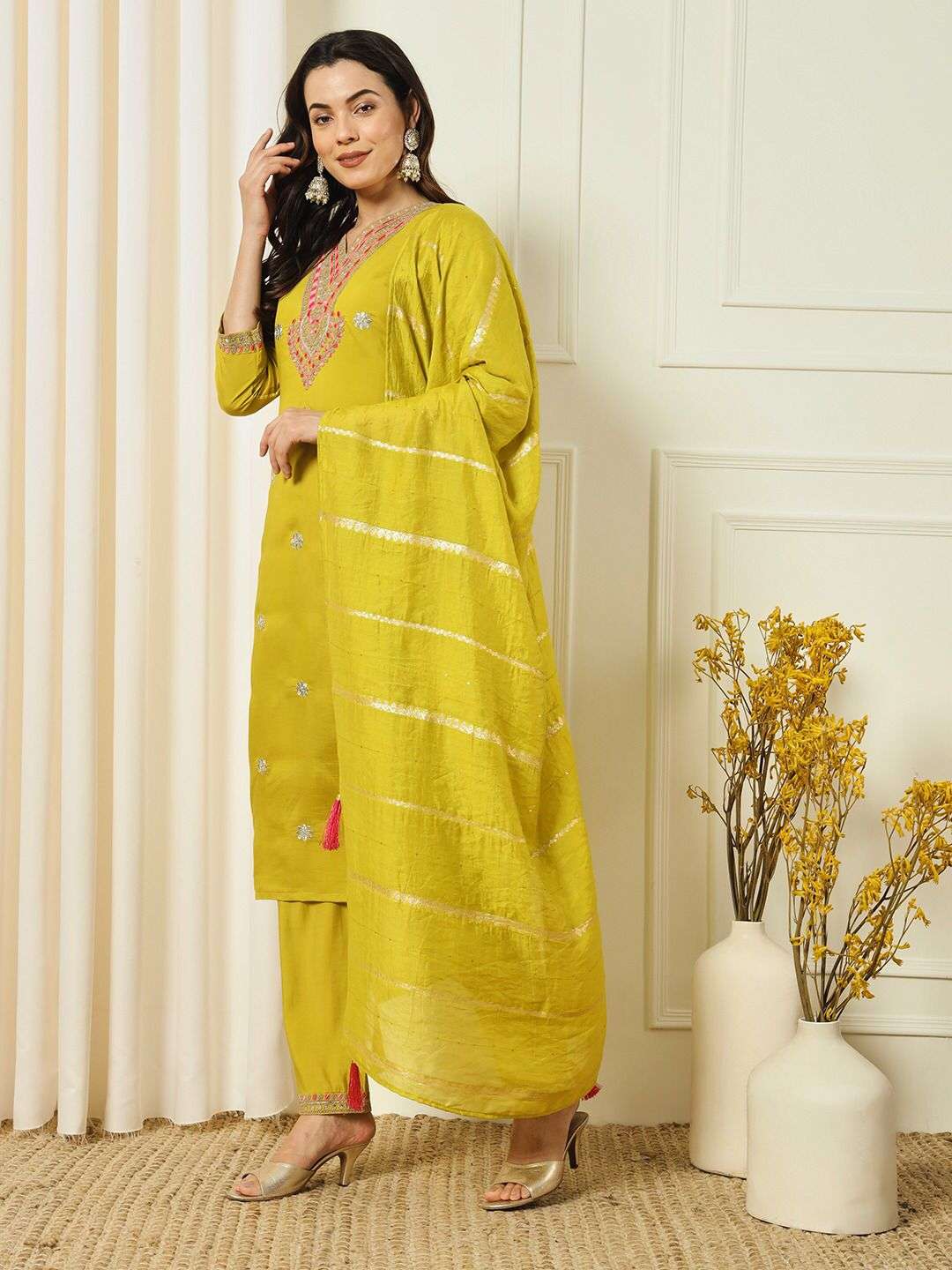 YELLOW SHADES ROMAN SILK WITH NECK EMBROIDERY WORK READYMADE...