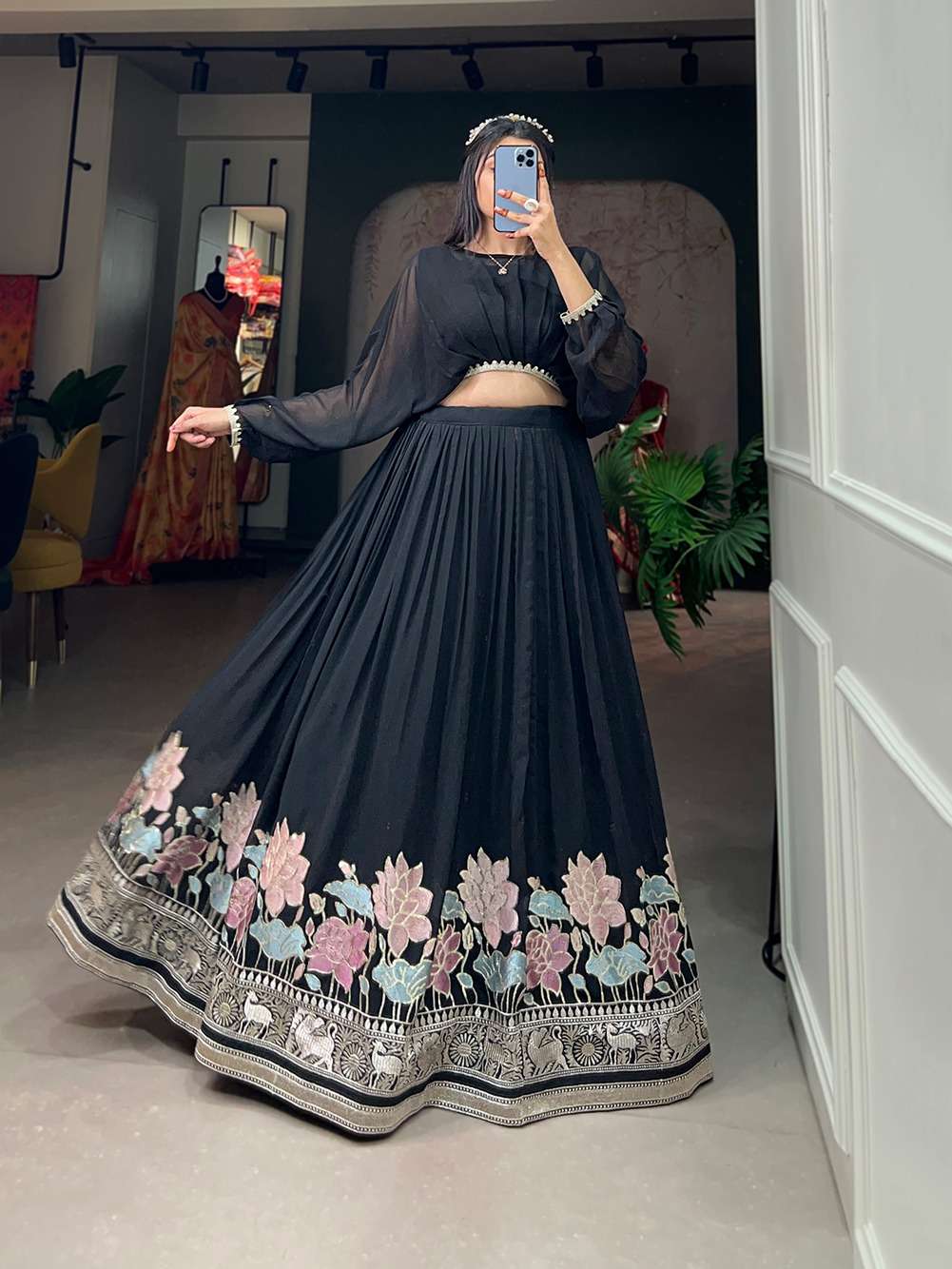 BLACK COLOUR GEORGETTE FABRICS WITH EMBROIDERY TOUCH CROP TO...