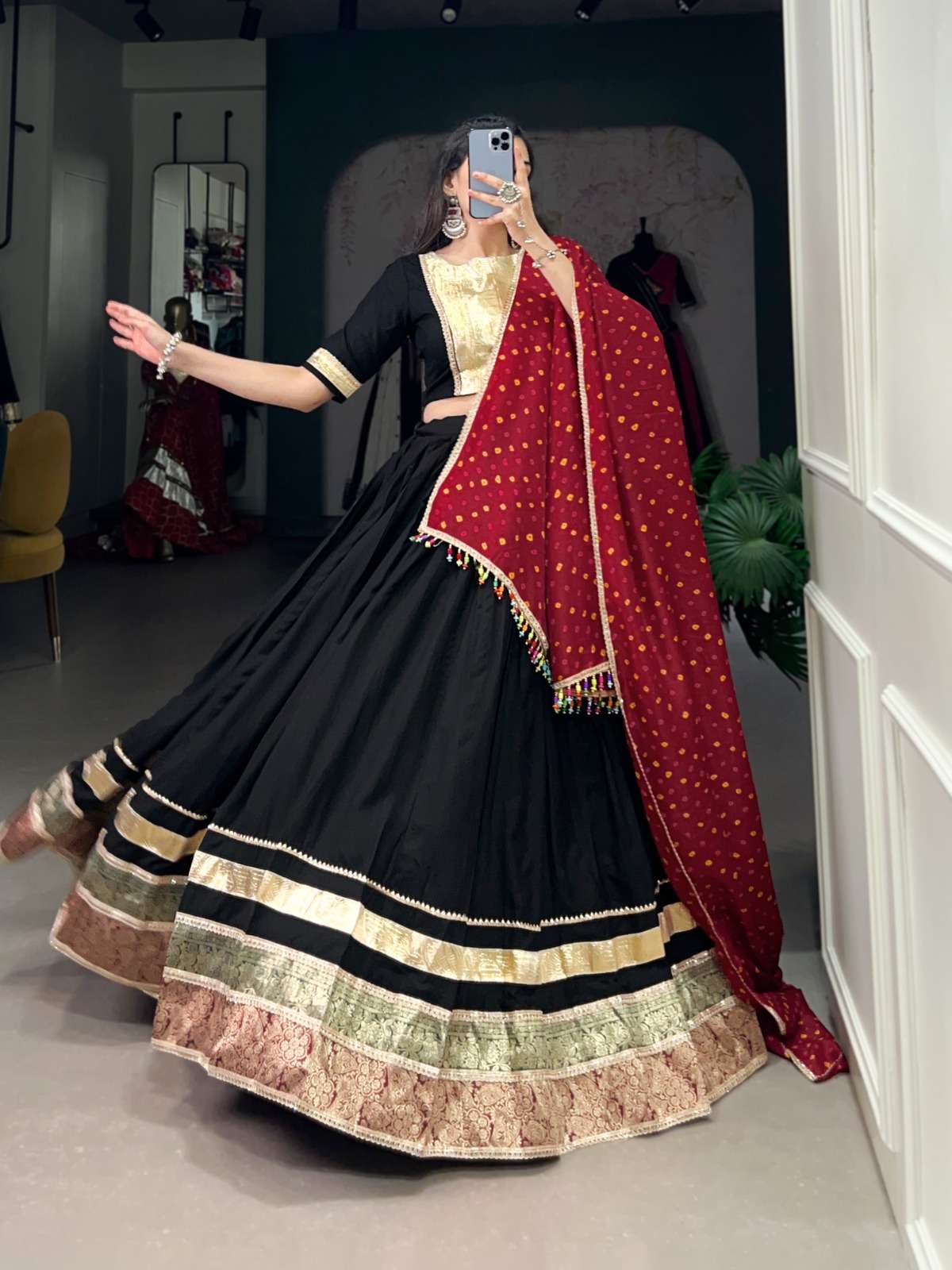 BLACK COLOUR Rayon lehenga with a touch of Jacquard And Embo...